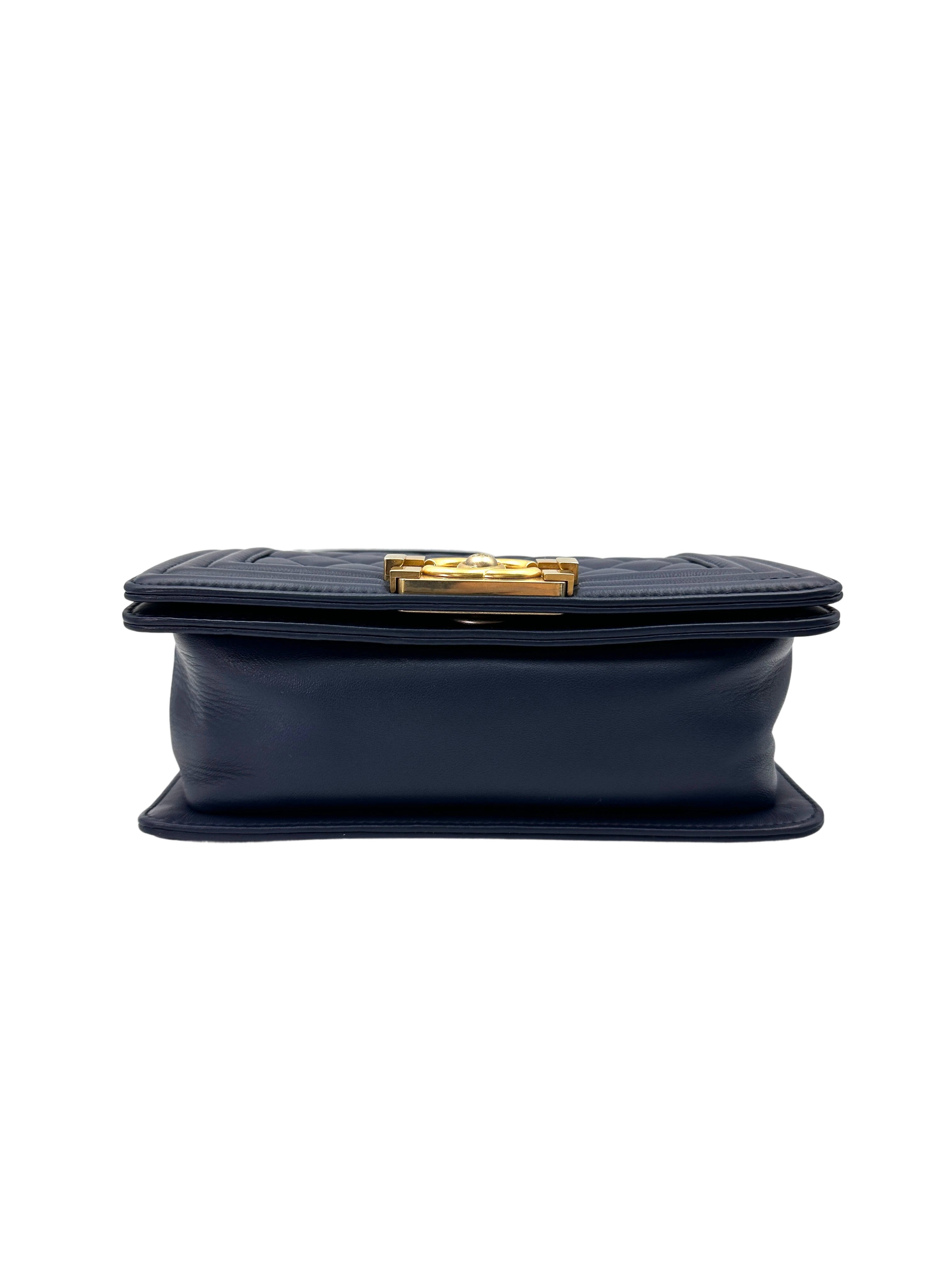 Chanel LeBoy Navy Quilted Lambskin Small Size Flap Bag With Gold Buckle(24***60) CC1884