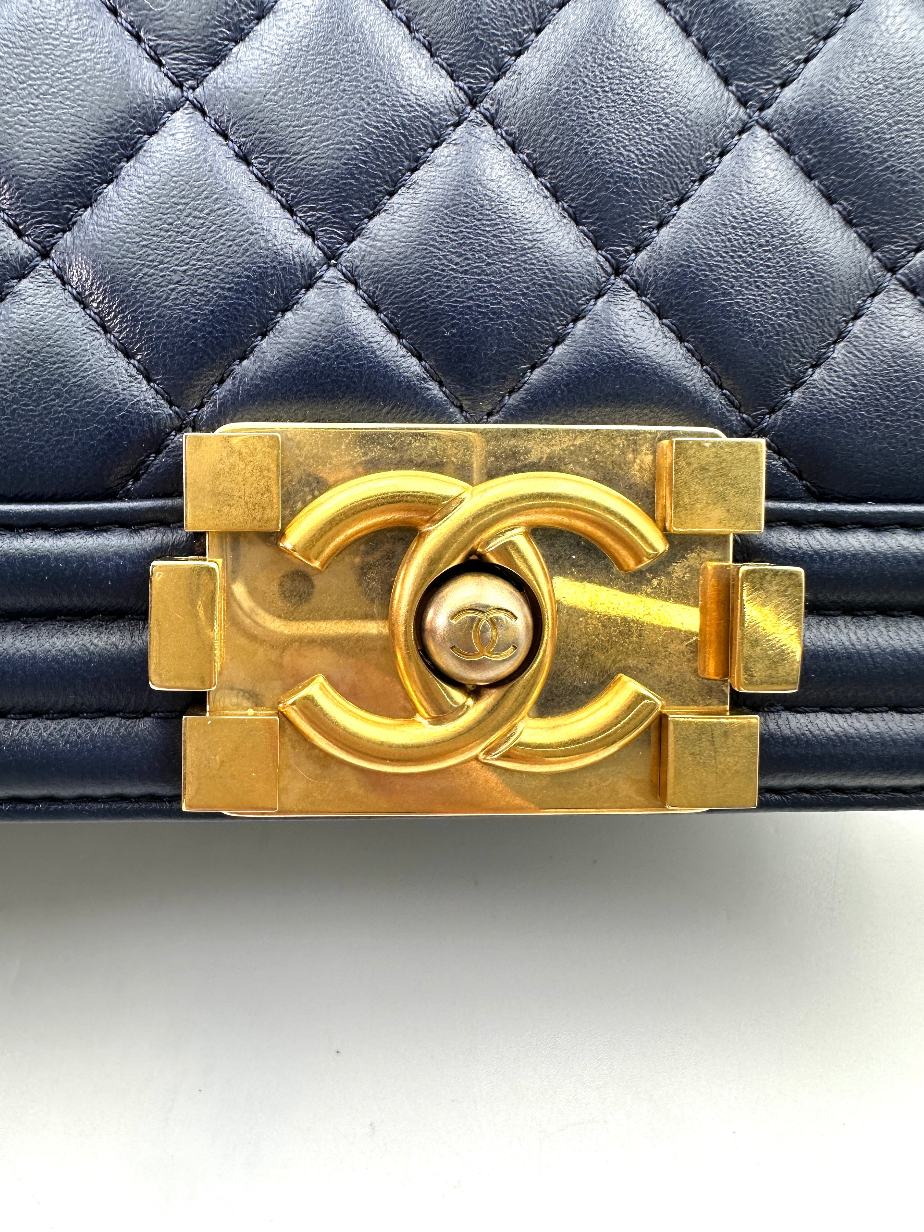 Chanel LeBoy Navy Quilted Lambskin Small Size Flap Bag With Gold Buckle(24***60) CC1884