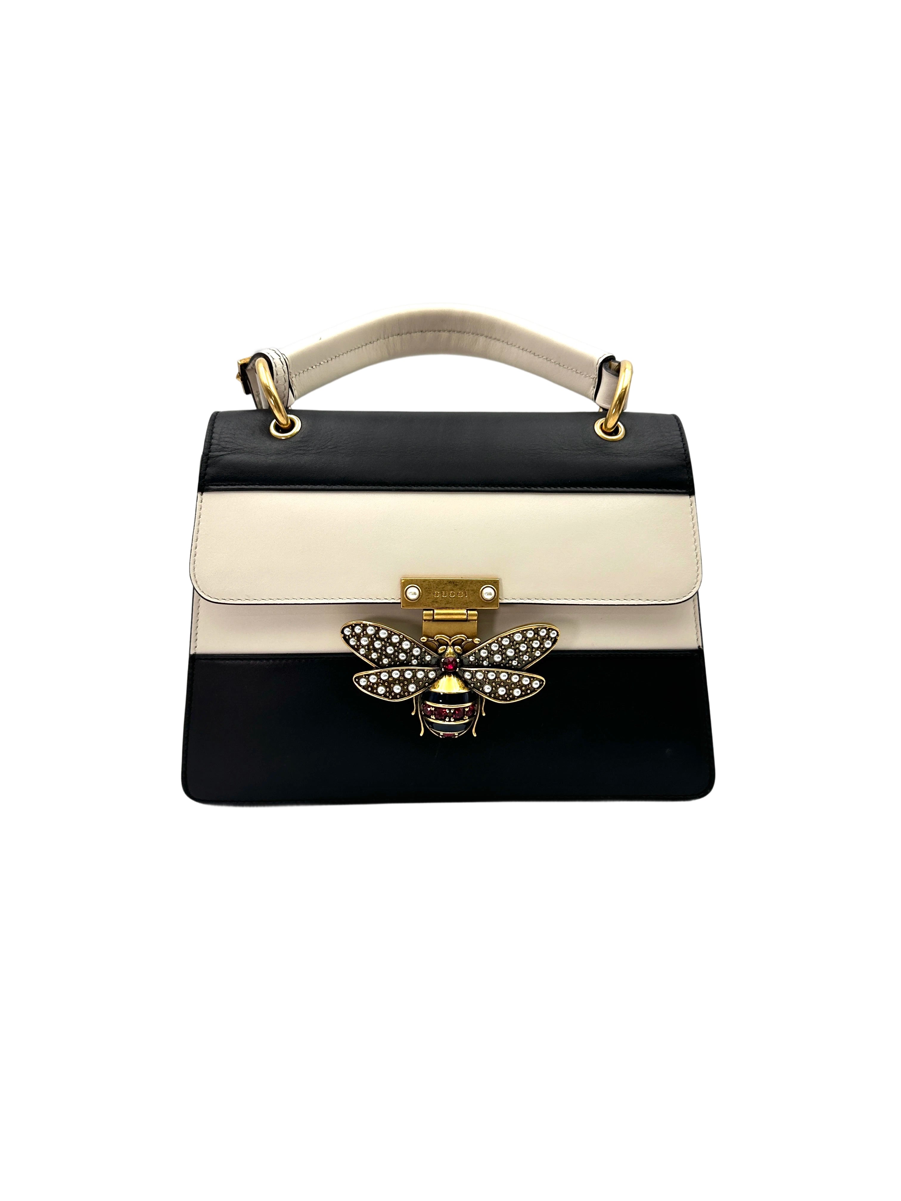 Gucci Queen Margaret Bee Black/White Leather Top Handle Bag GG913