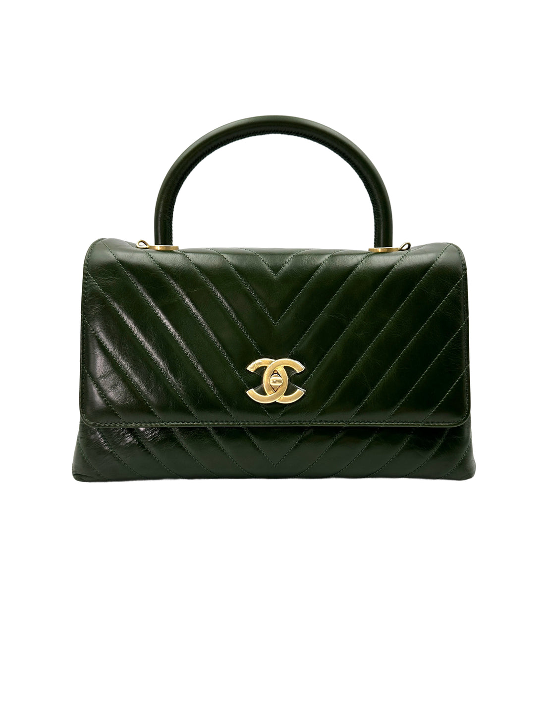 Chanel CoCo Handle Green Chevron Quilted Leather Medium Size Handle Bag With Gold Buckle(24***96) C1888