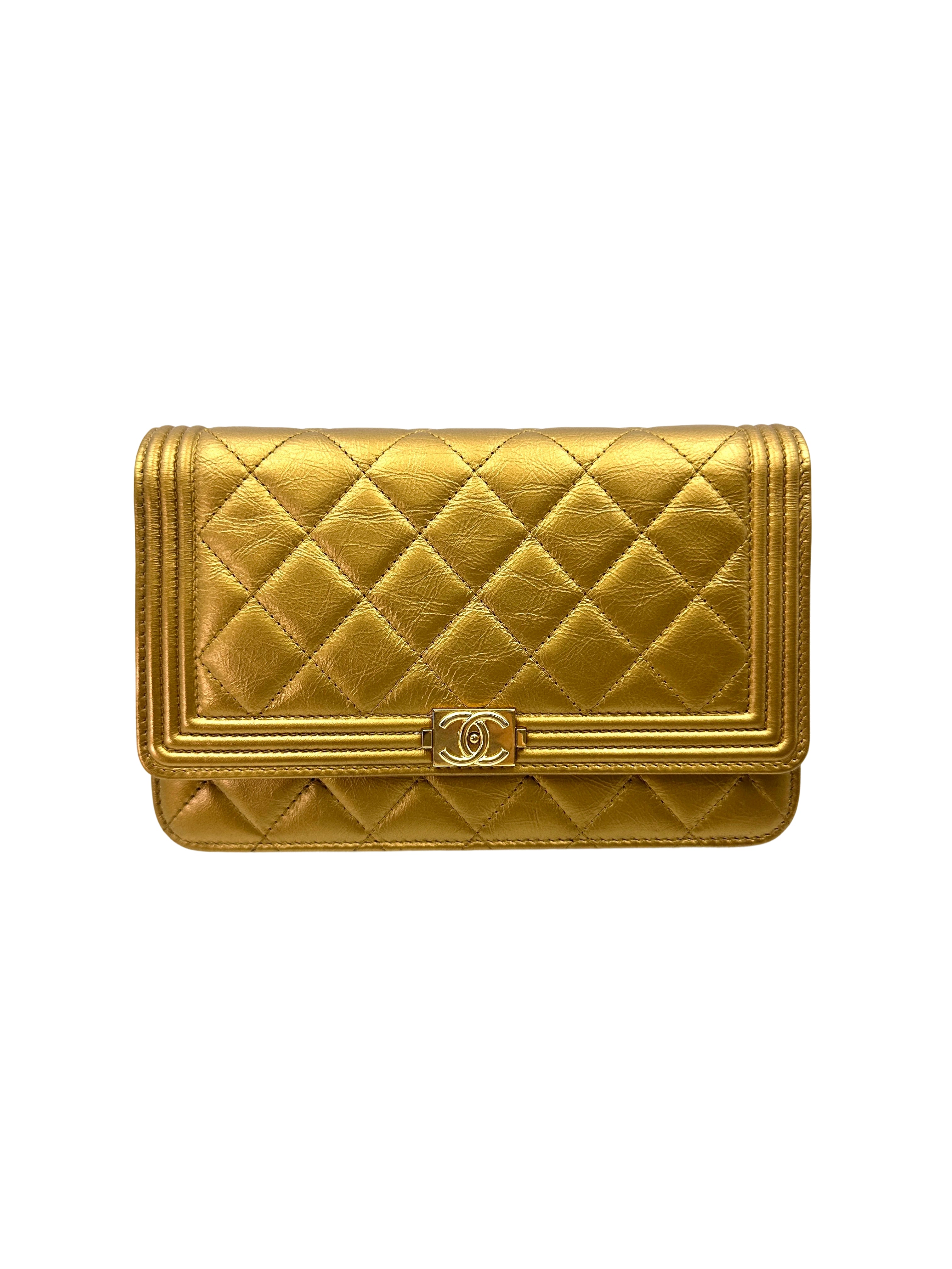 Chanel LeBoy Gold Quilted Leather Wallet On Chain With Gold Buckle(19***84) CC1890