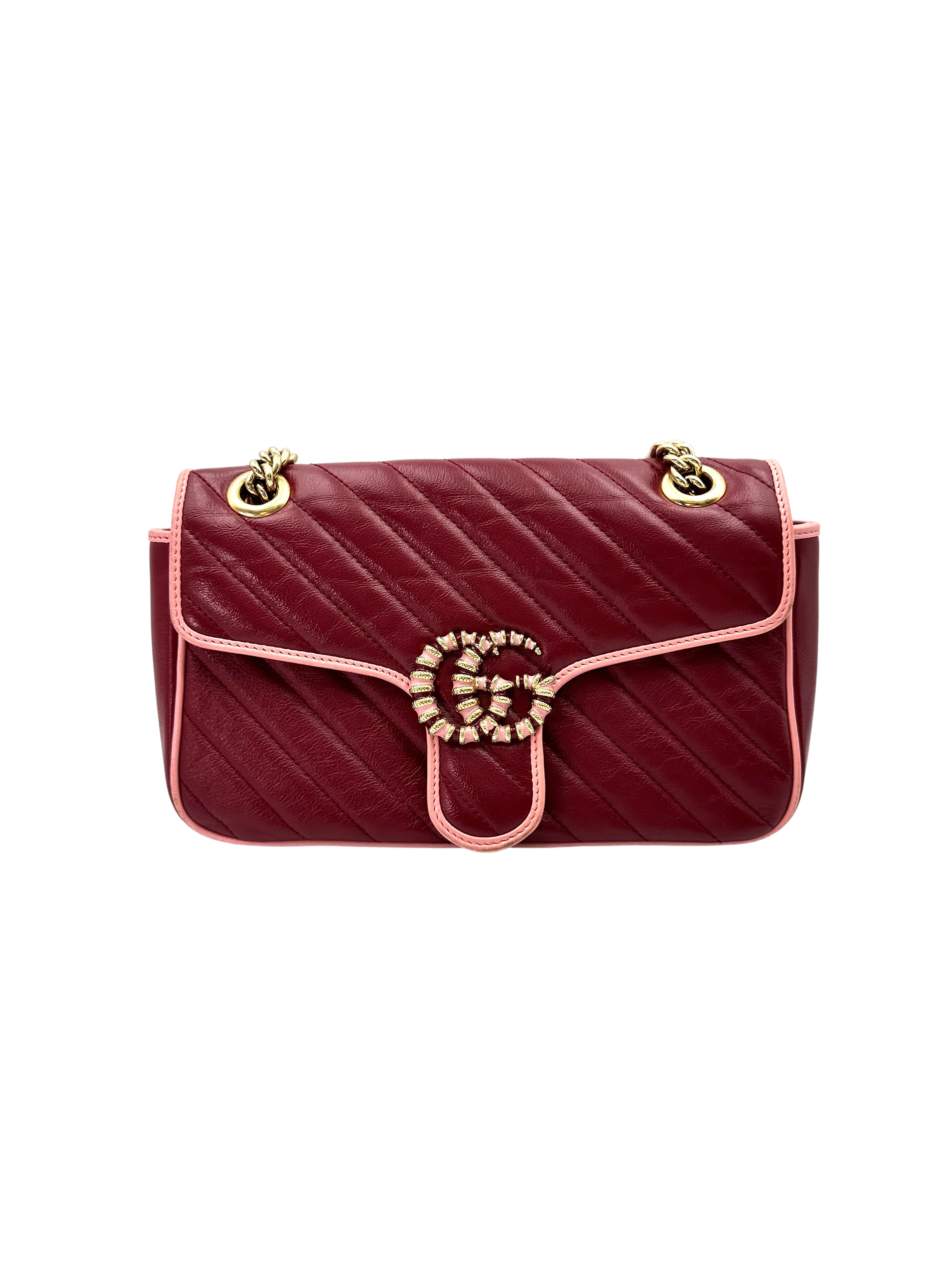 Gucci GG Marmont Red Leather Flap Bag With Pink Trim GG919