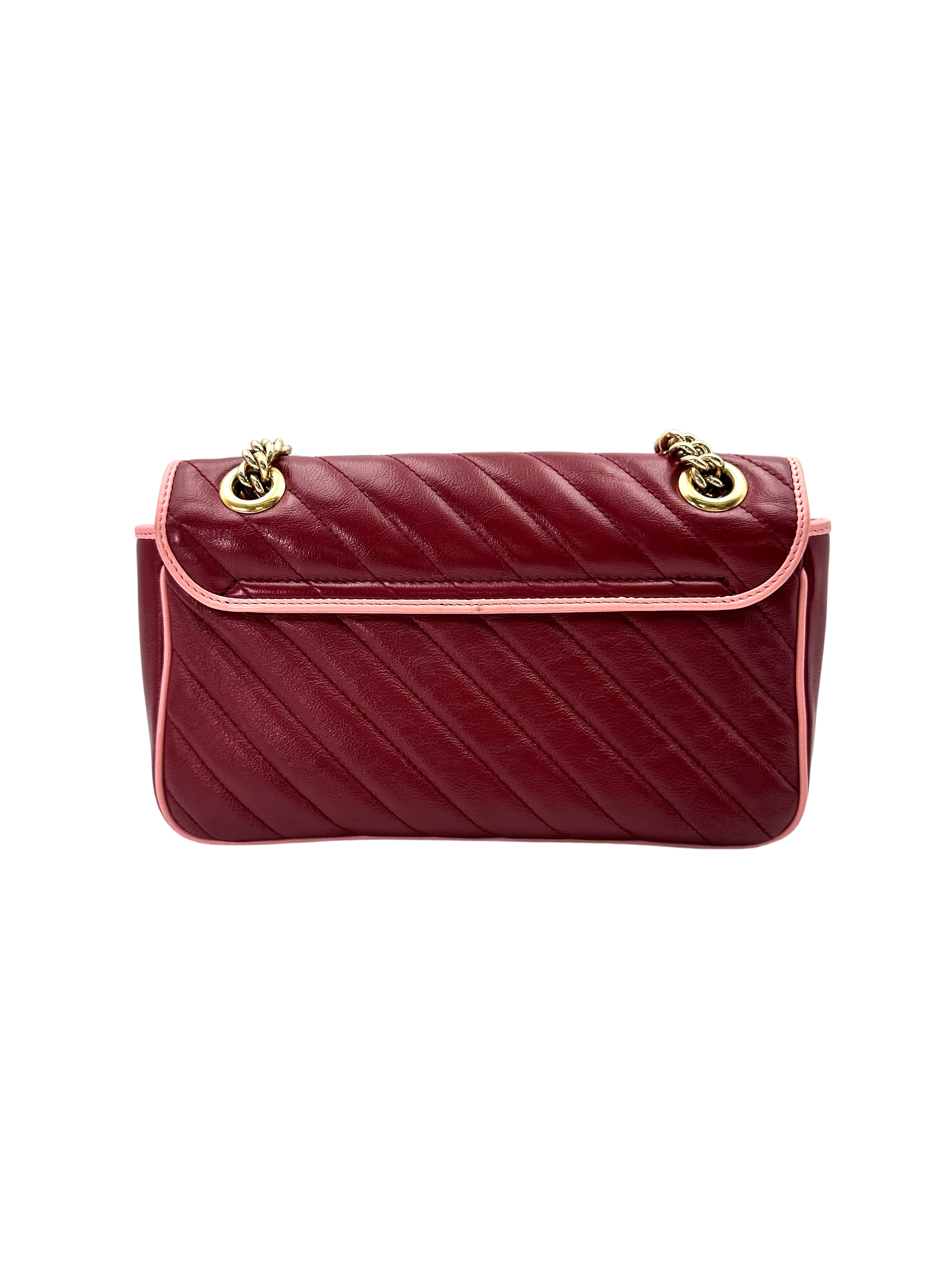 Gucci GG Marmont Red Leather Flap Bag With Pink Trim GG919