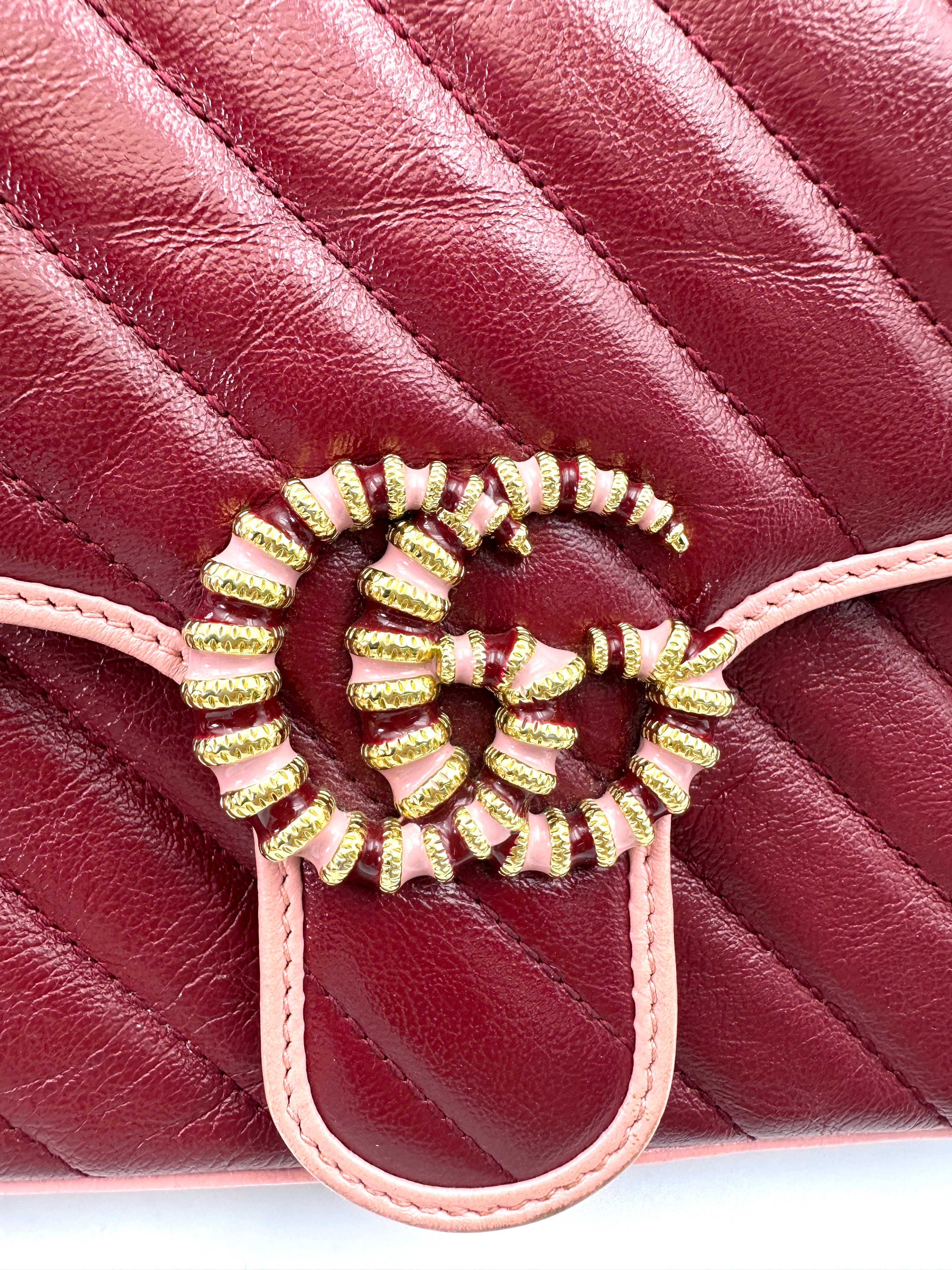 Gucci GG Marmont Red Leather Flap Bag With Pink Trim GG919