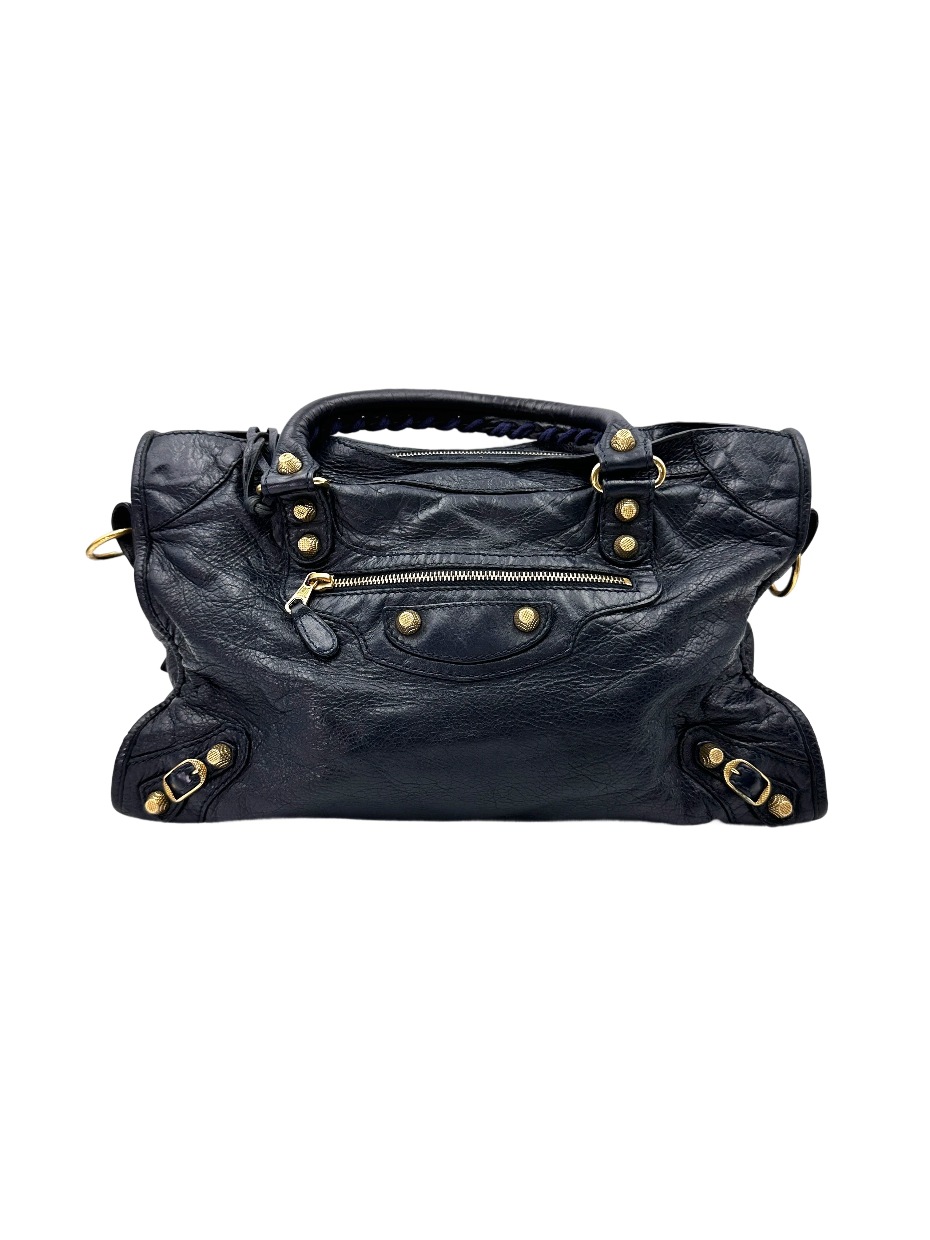 Balenciaga Moto Classic City Navy Leather Large Size Handle Bag BB69