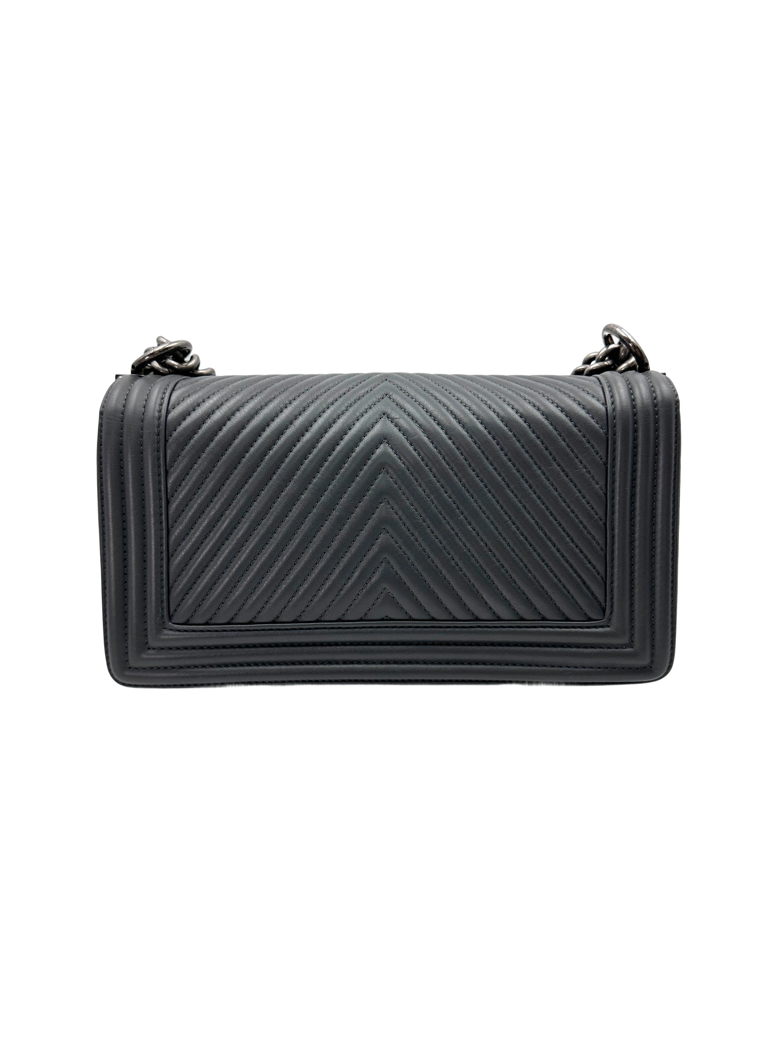Chanel LeBoy Grey Chevron Quilted Leather Flap Bag With Silver Buckle(19***70) CC1897
