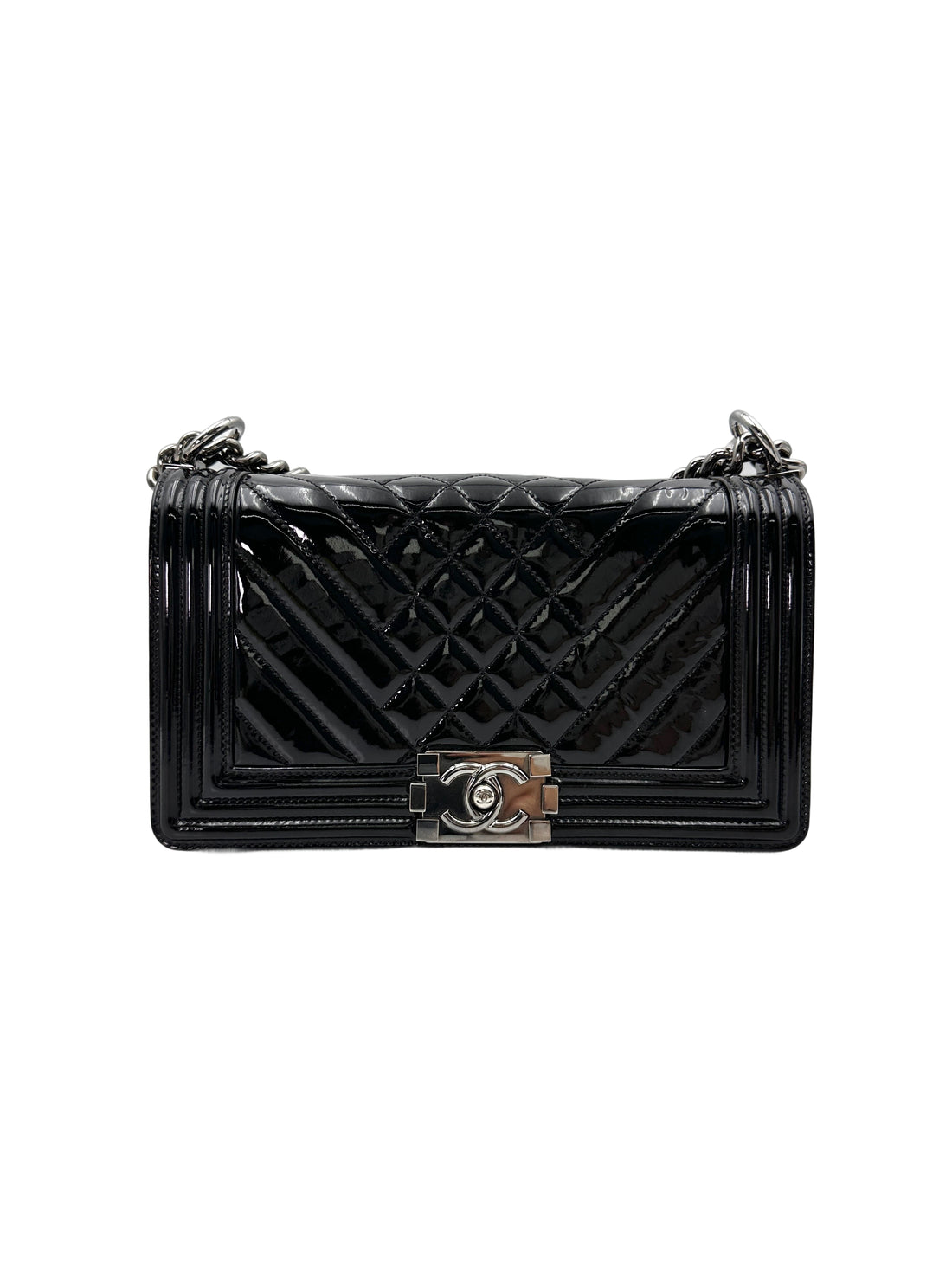 Chanel LeBoy Black Quilted Patent Leather Flap Bag With Silver Buckle(18***25) CC1891
