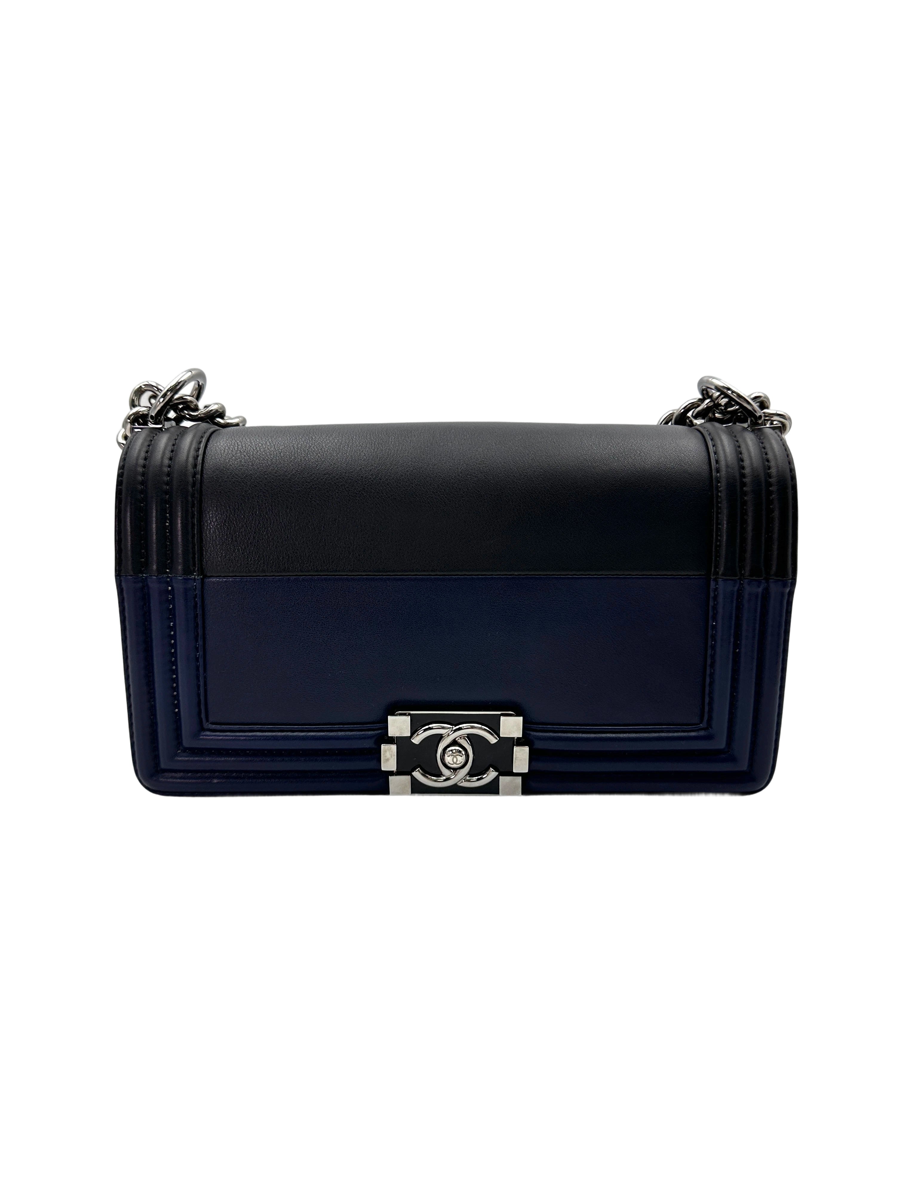 Chanel LeBoy Black/Navy Leather Medium Size Flap Bag With Silver Buckle(21***63) CC1893
