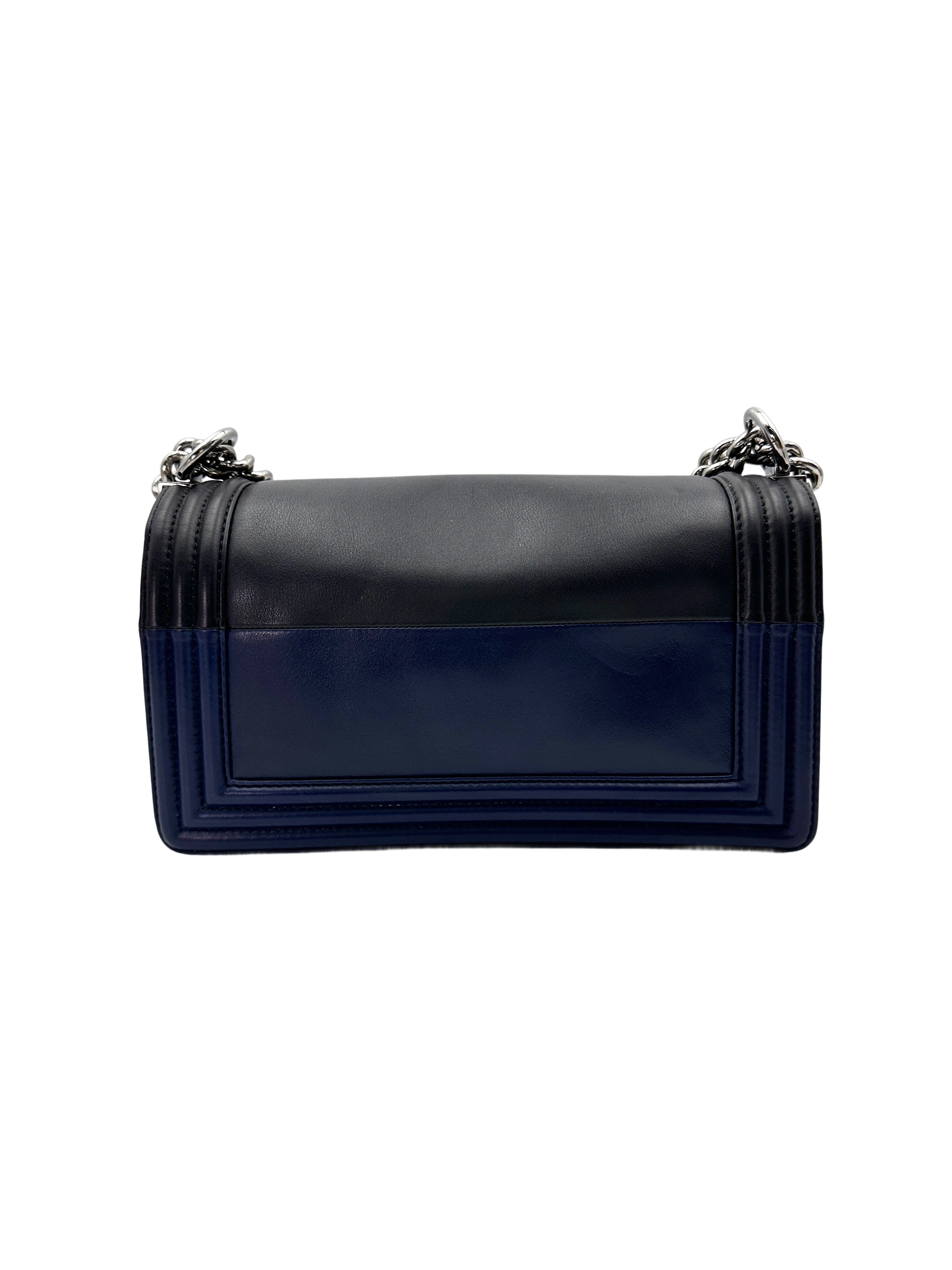 Chanel LeBoy Black/Navy Leather Medium Size Flap Bag With Silver Buckle(21***63) CC1893