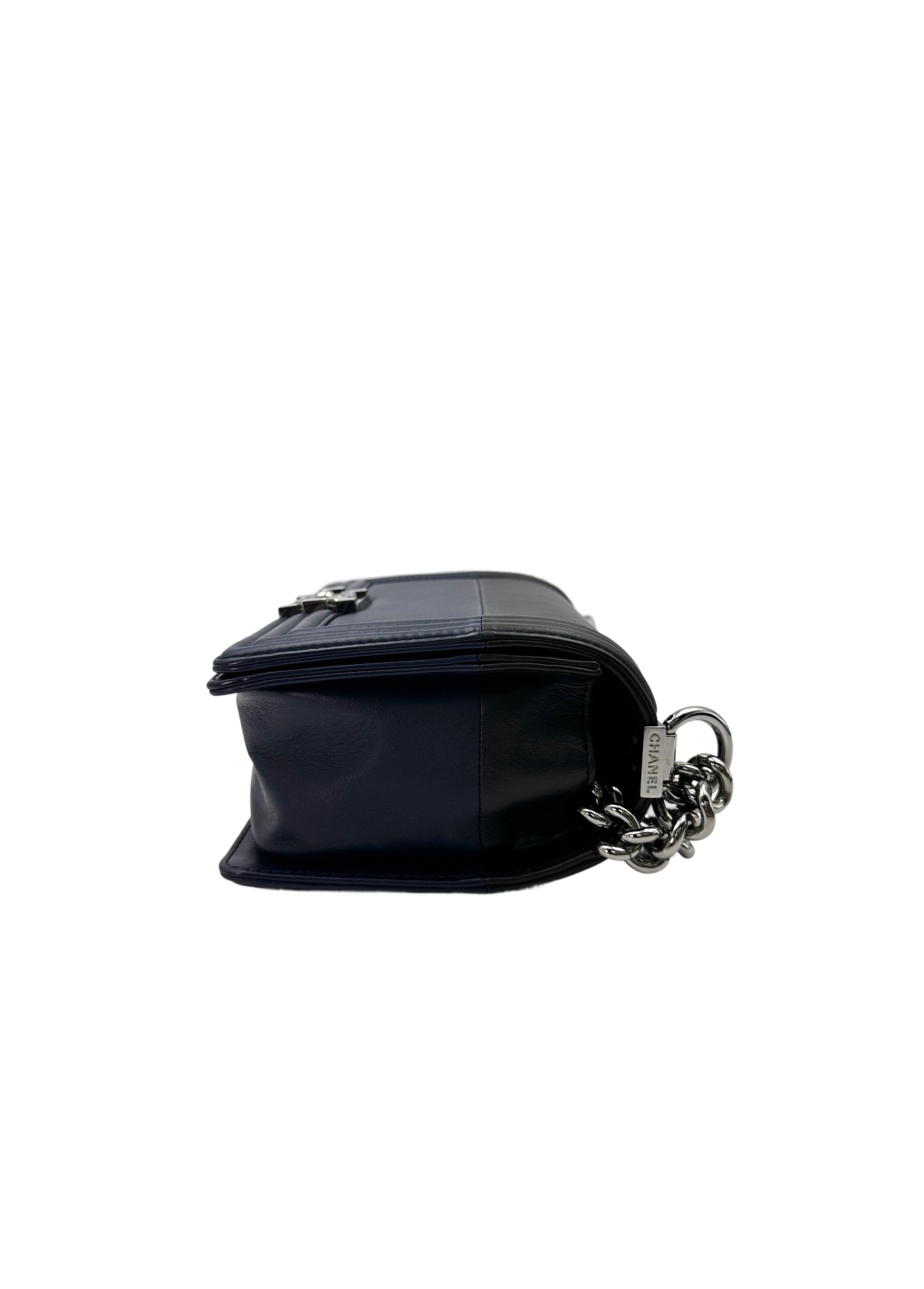Chanel LeBoy Black/Navy Leather Medium Size Flap Bag With Silver Buckle(21***63) CC1893