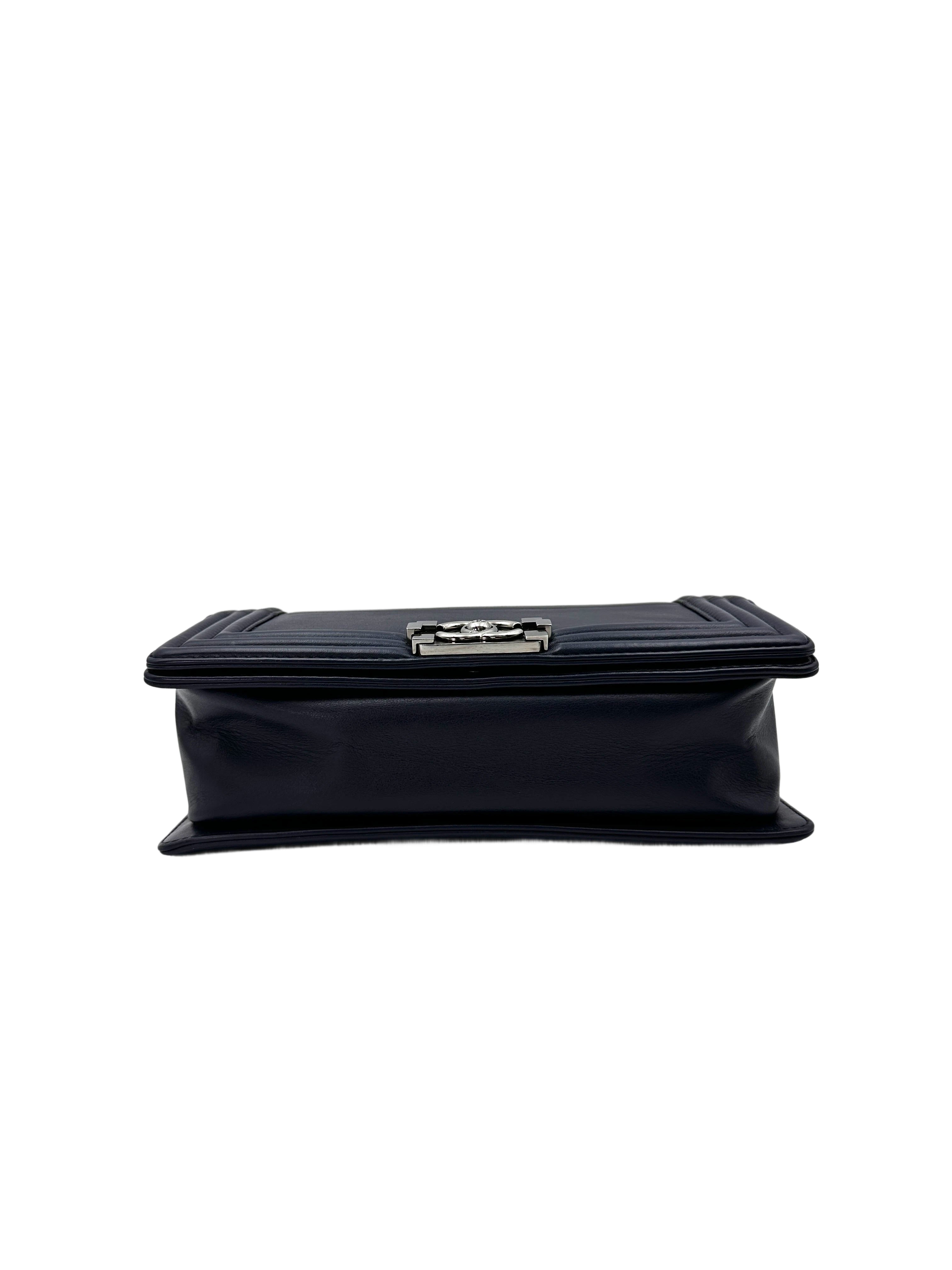 Chanel LeBoy Black/Navy Leather Medium Size Flap Bag With Silver Buckle(21***63) CC1893