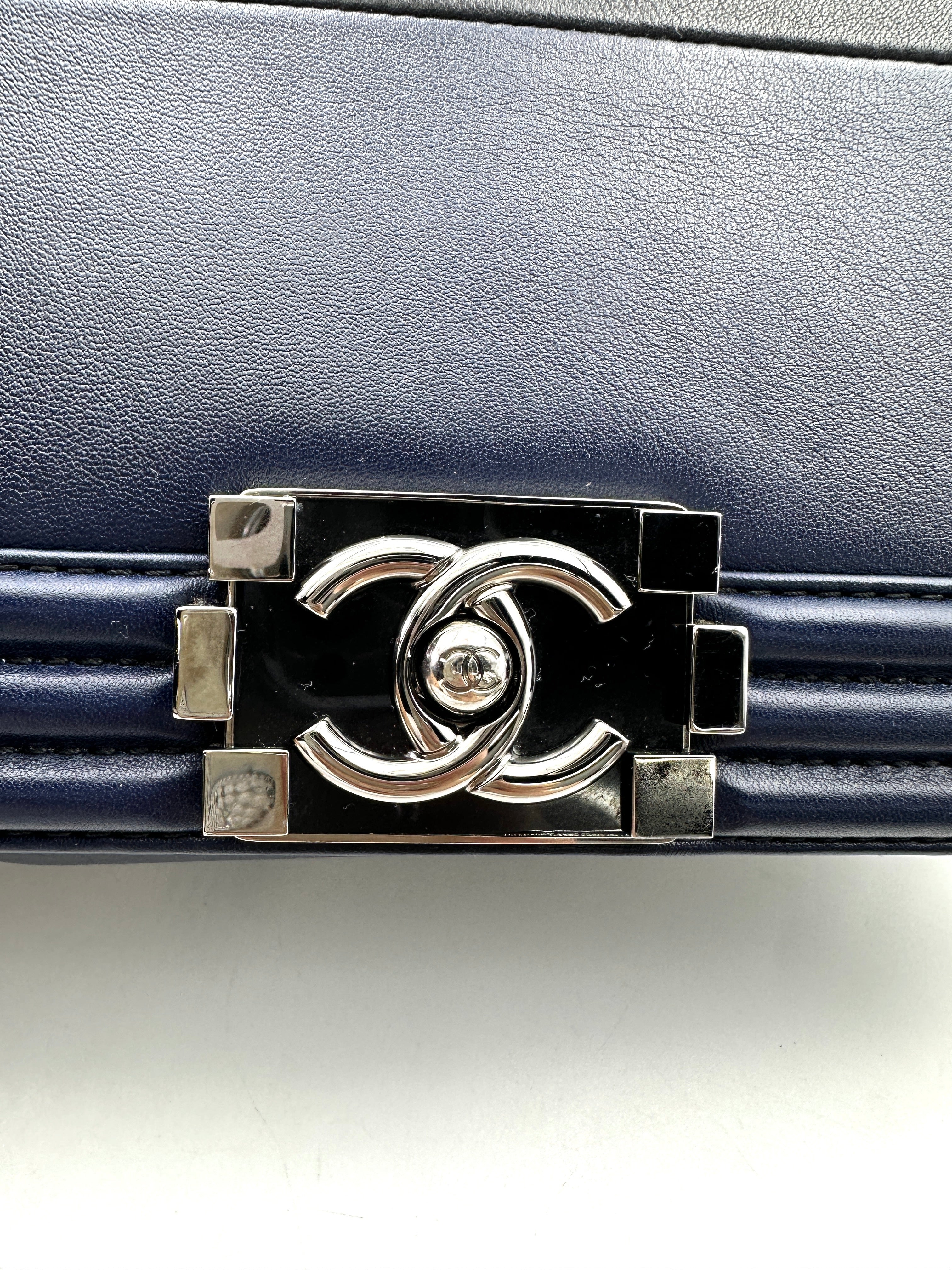 Chanel LeBoy Black/Navy Leather Medium Size Flap Bag With Silver Buckle(21***63) CC1893