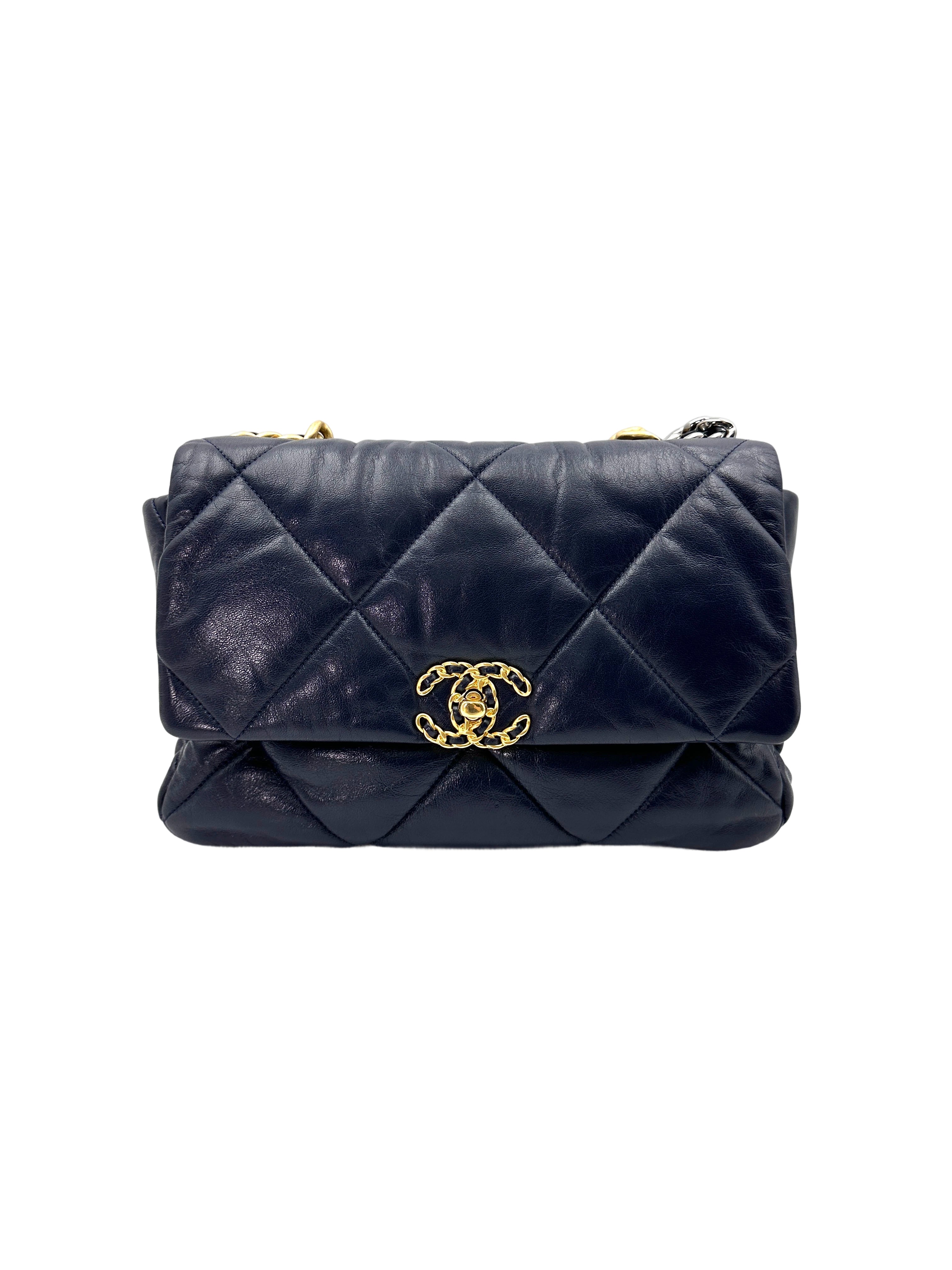 Chanel 19Bag Navy Quilted Leather Medium Size Flap Bag With Gold Hardware(29***10) CC1898