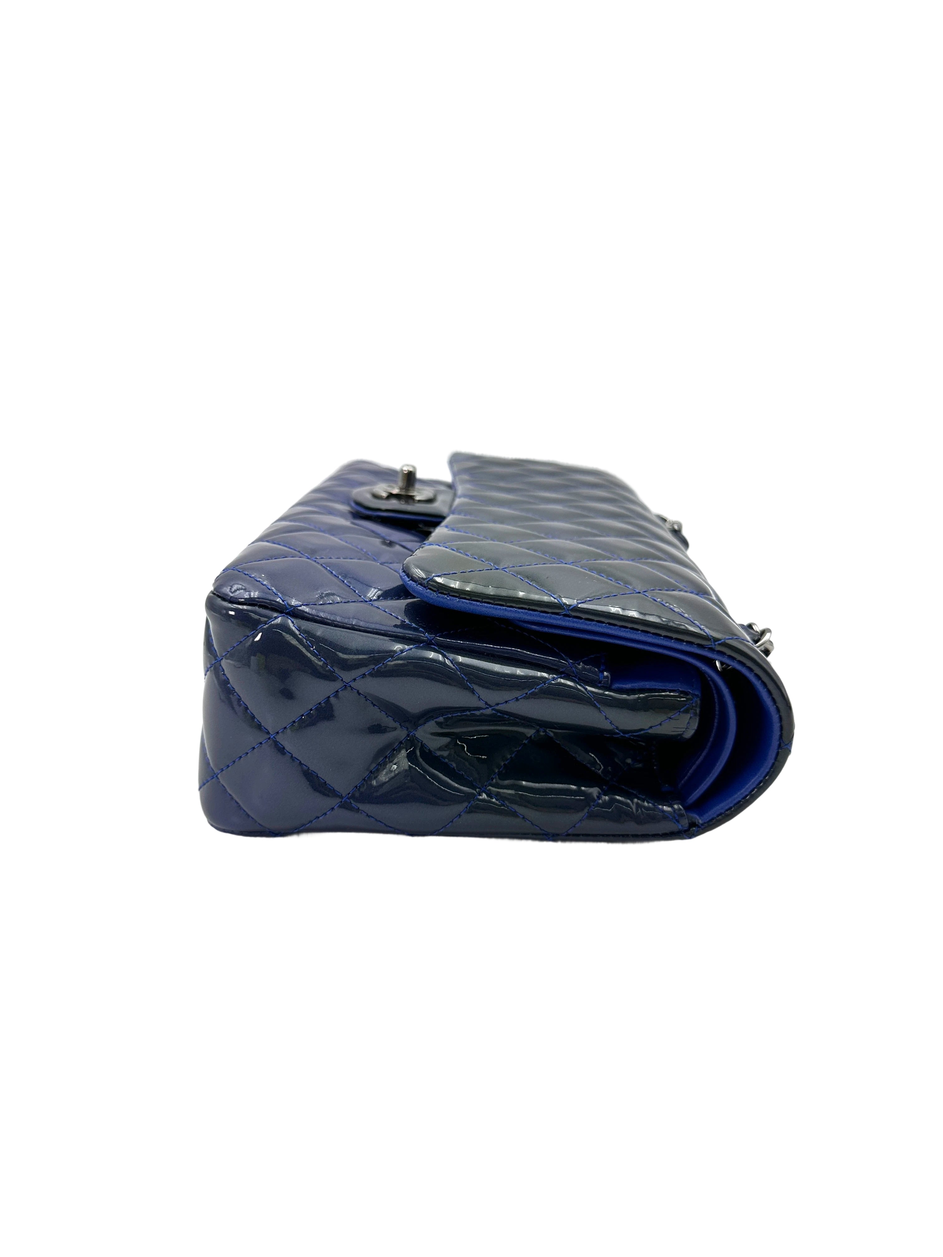 Chanel Classic Flap Blue Quilted Patent Leather Jumbo Flap Bag With Silver Buckle(17***53) CC1902