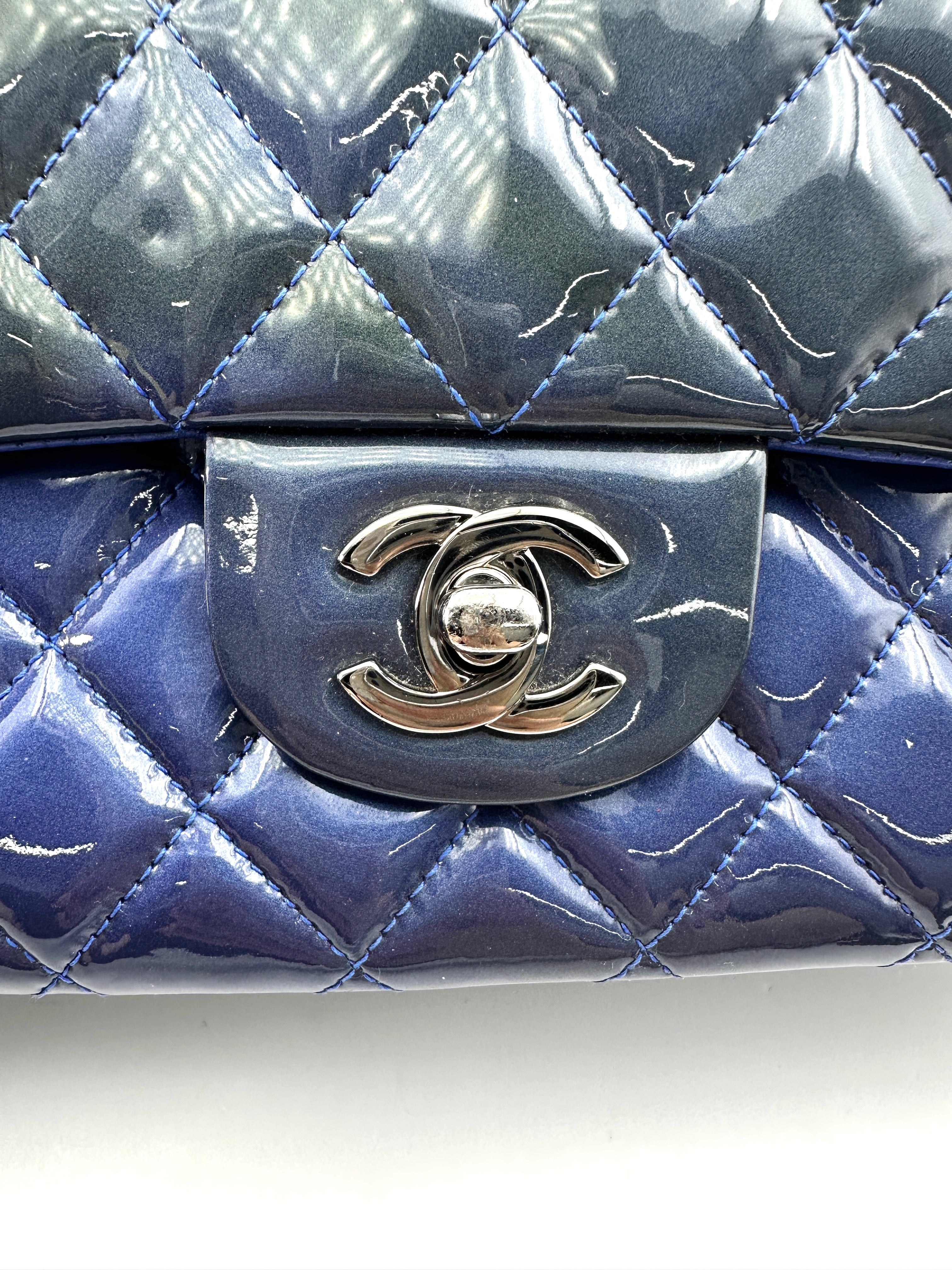 Chanel Classic Flap Blue Quilted Patent Leather Jumbo Flap Bag With Silver Buckle(17***53) CC1902