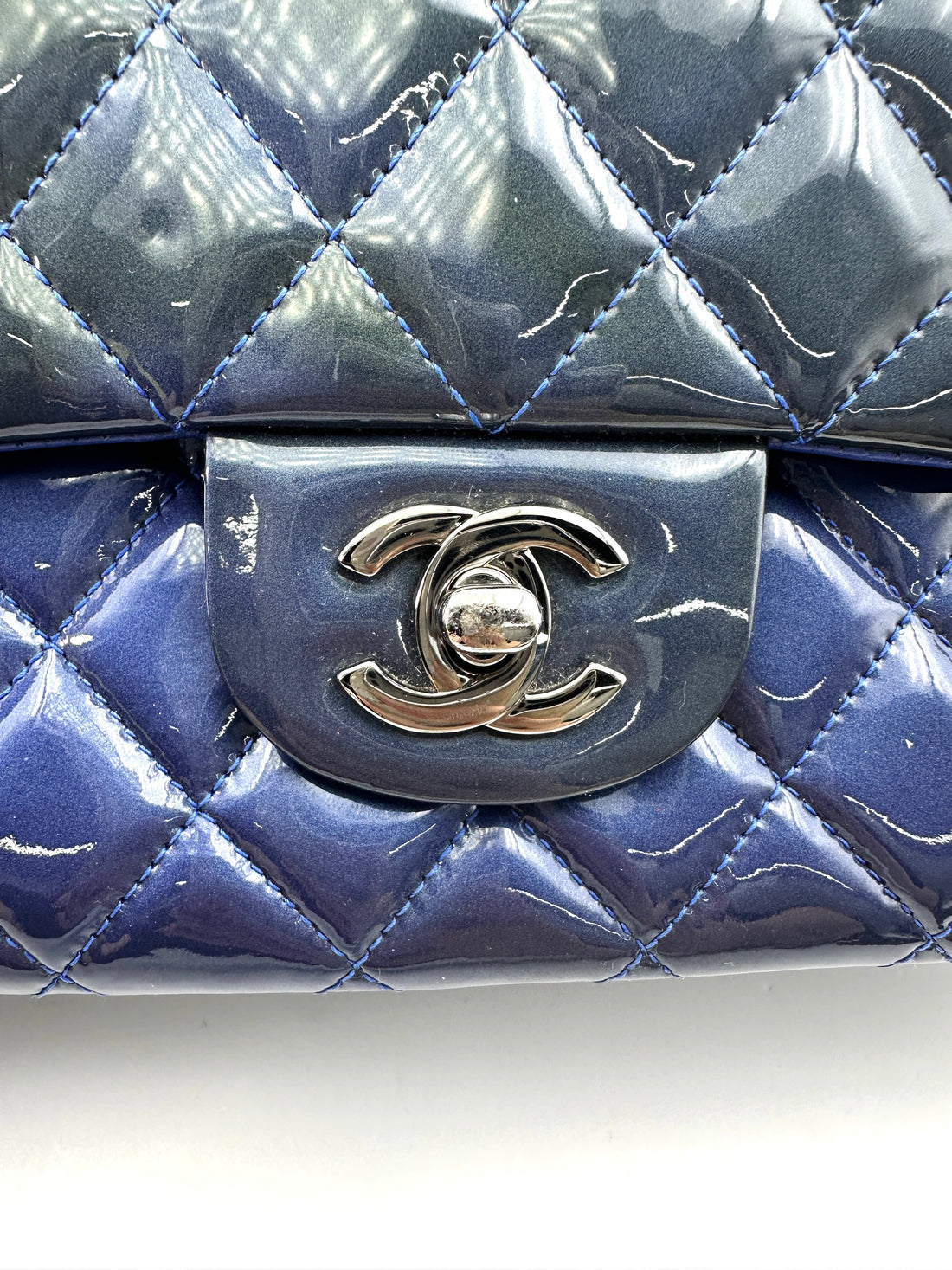Chanel Classic Flap Blue Quilted Patent Leather Jumbo Flap Bag With Silver Buckle(17***53) CC1902