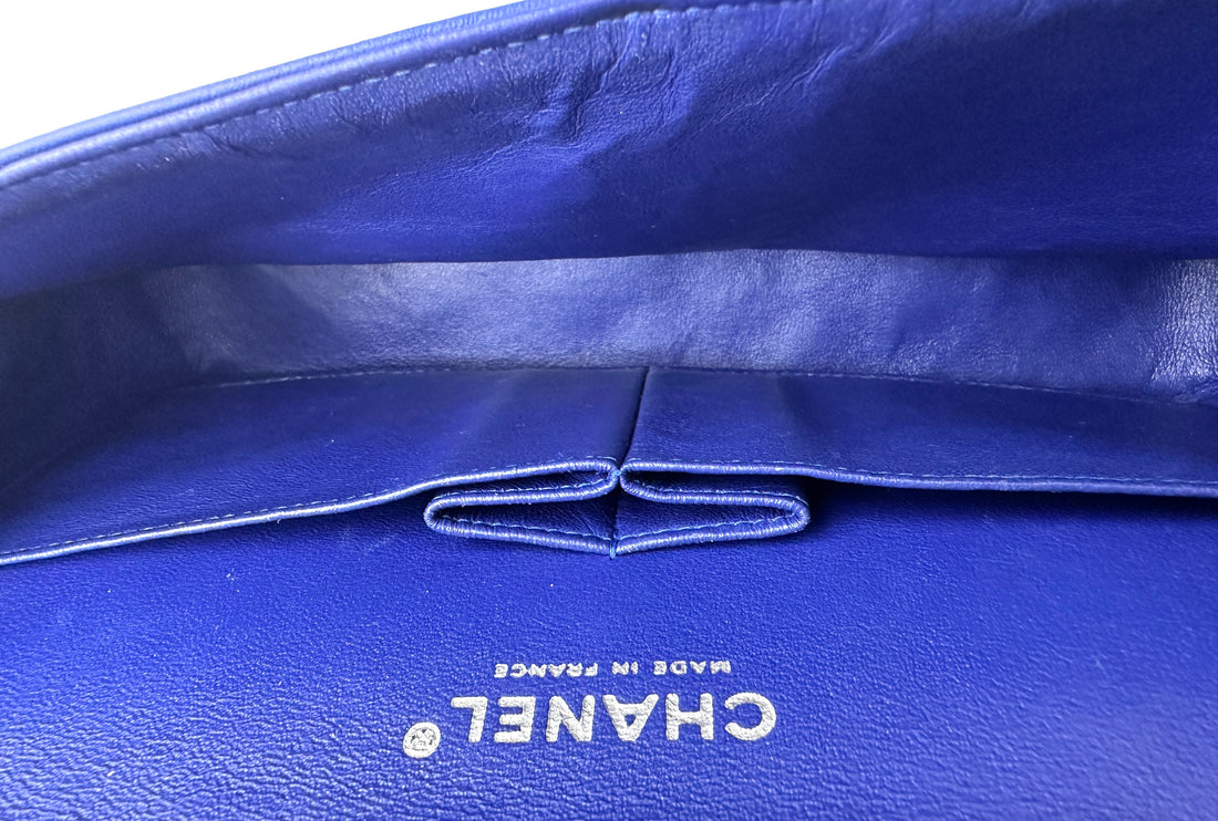 Chanel Classic Flap Blue Quilted Patent Leather Jumbo Flap Bag With Silver Buckle(17***53) CC1902