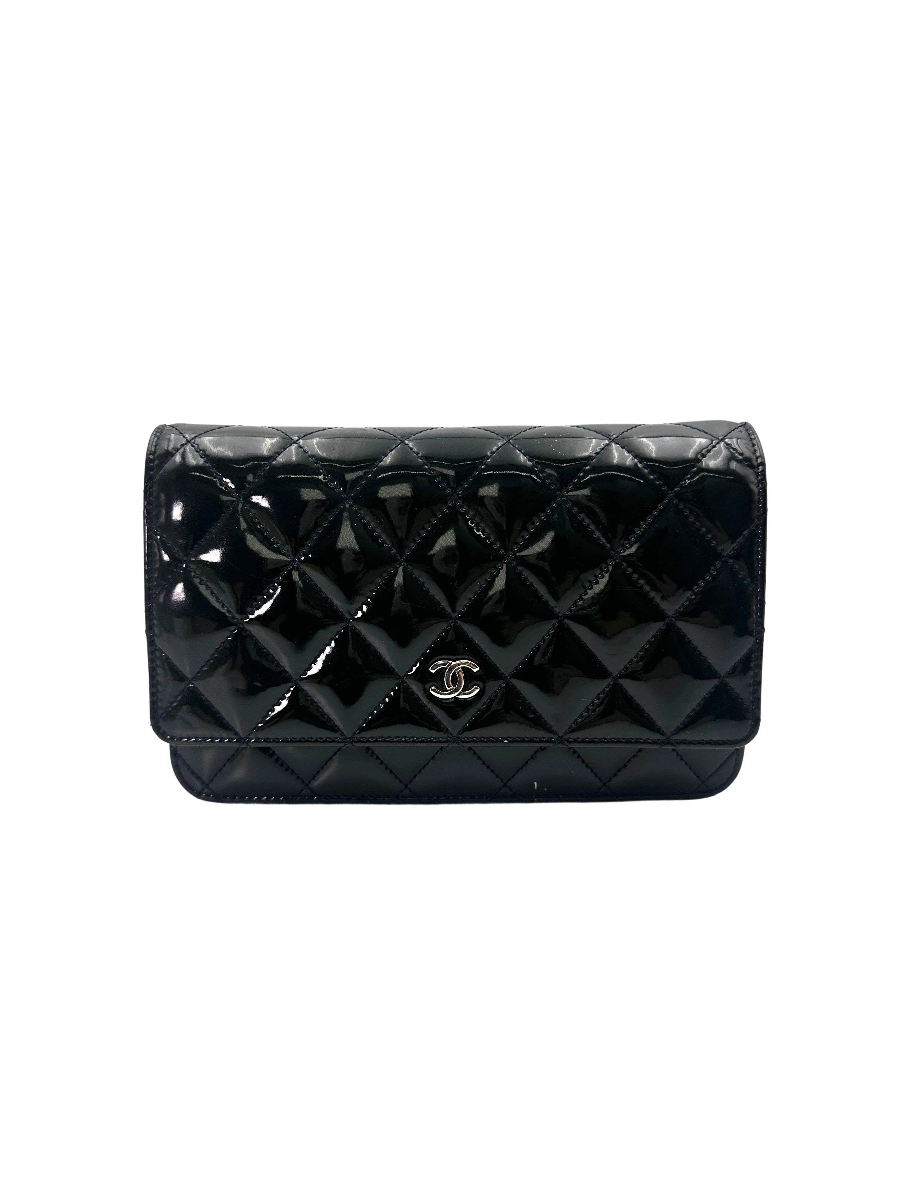 Chanel Black Quilted Patent Leather Wallet On Chain With Silver Buckle(18***27) CC1901