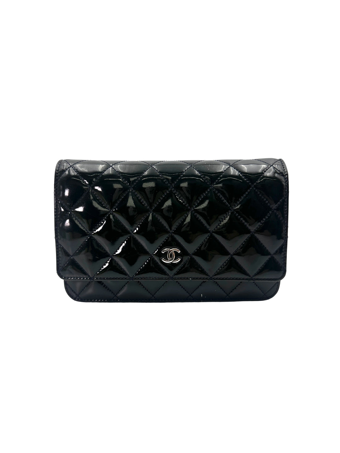 Chanel Black Quilted Patent Leather Wallet On Chain With Silver Buckle(18***27) CC1901