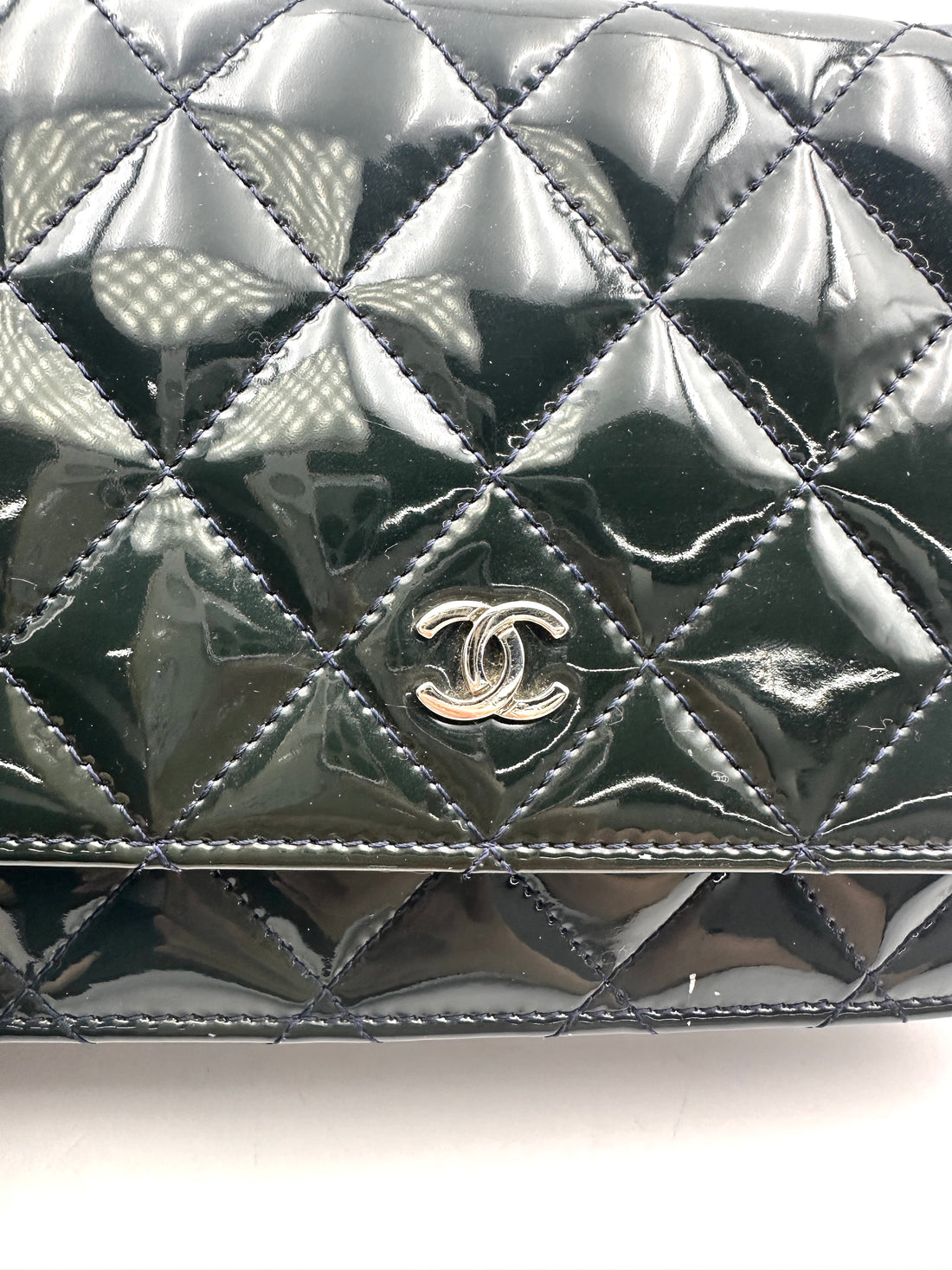 Chanel Black Quilted Patent Leather Wallet On Chain With Silver Buckle(18***27) CC1901