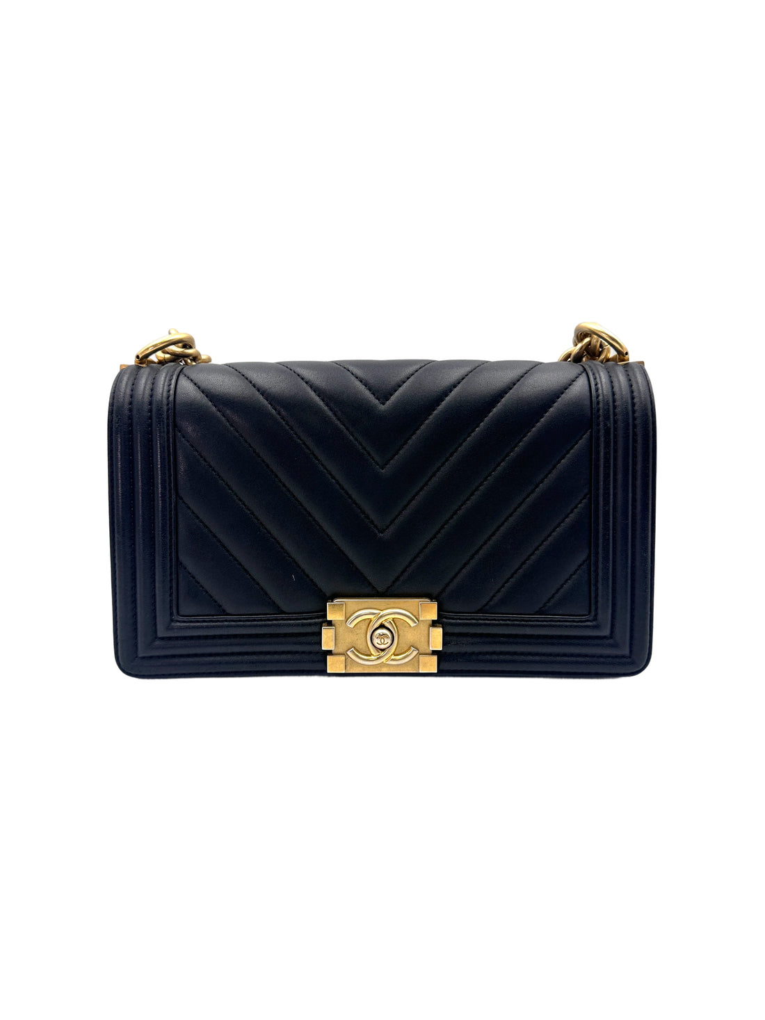 Chanel LeBoy Black Chevron Quilted Leather Medium Size Flap Bag With Gold Buckle(24***20) CC1903