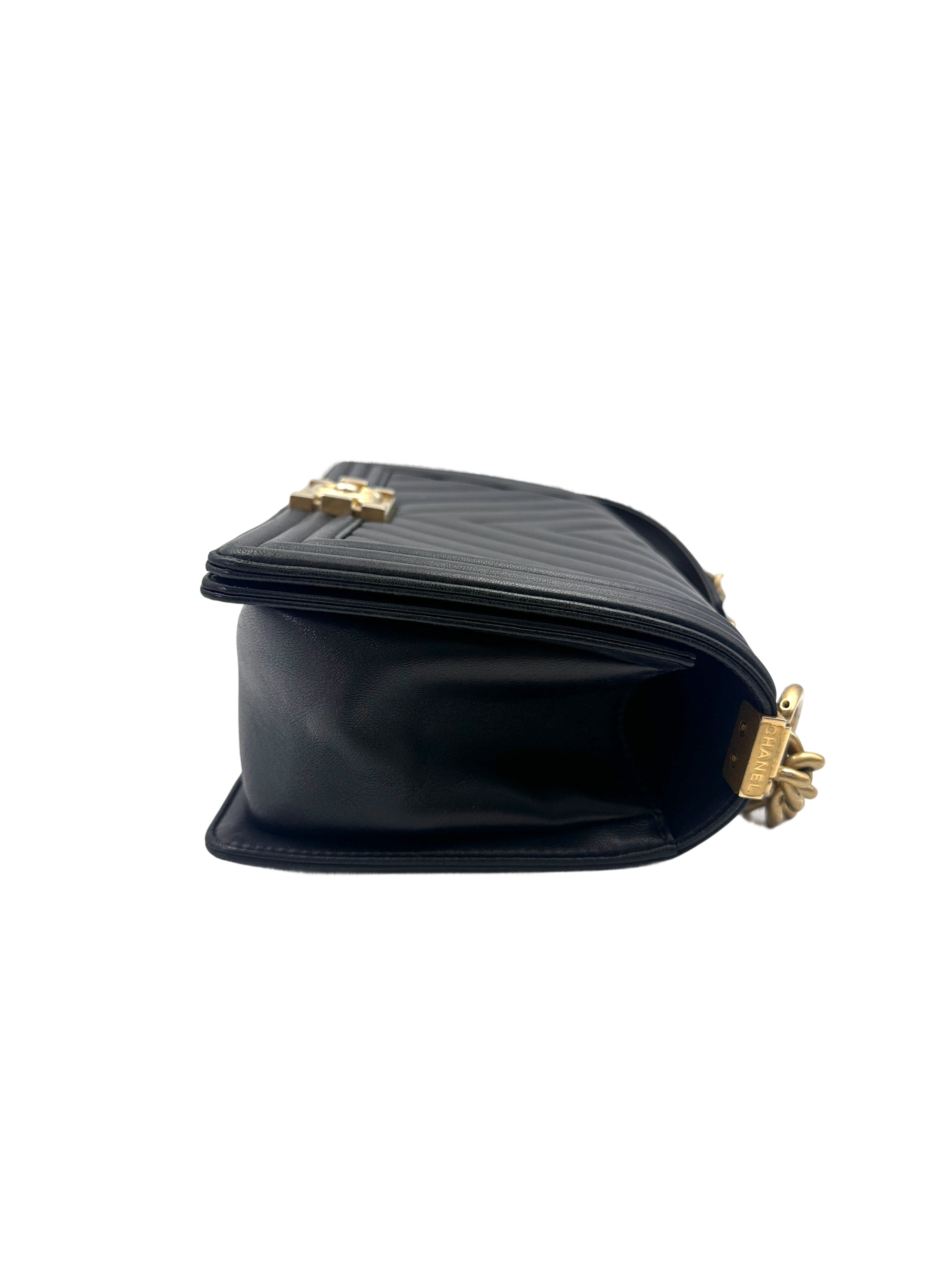 Chanel LeBoy Black Chevron Quilted Leather Medium Size Flap Bag With Gold Buckle(24***20) CC1903