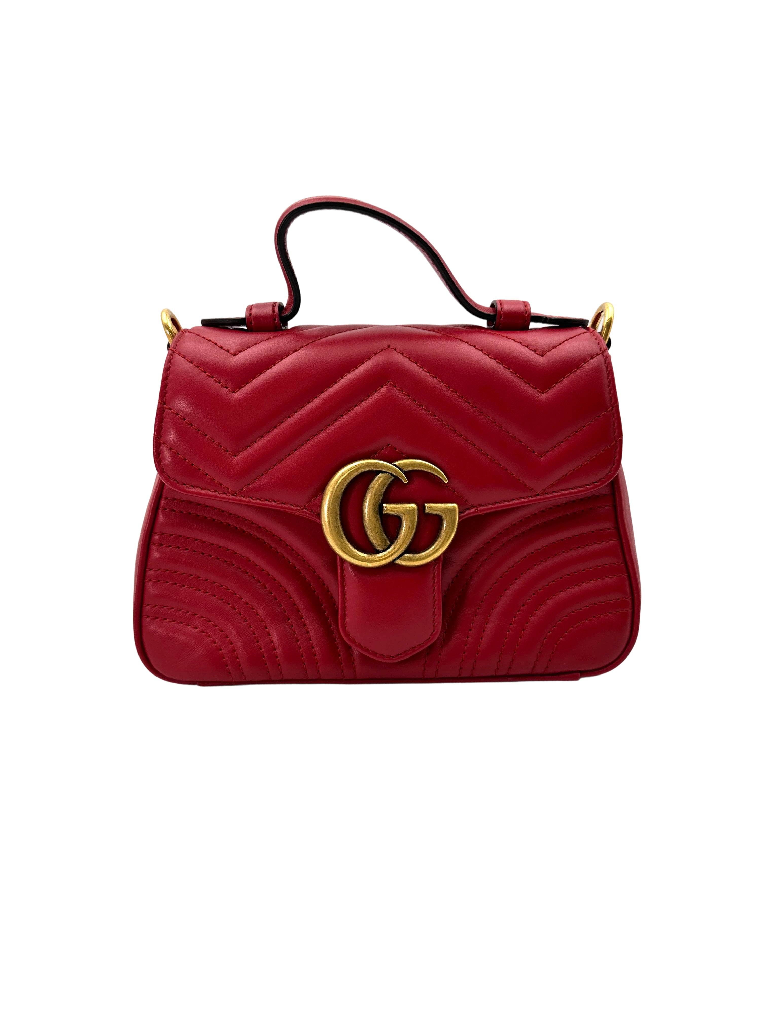 Gucci GG Marmont Red Matelasse Leather Top Handle Flap Bag GG927