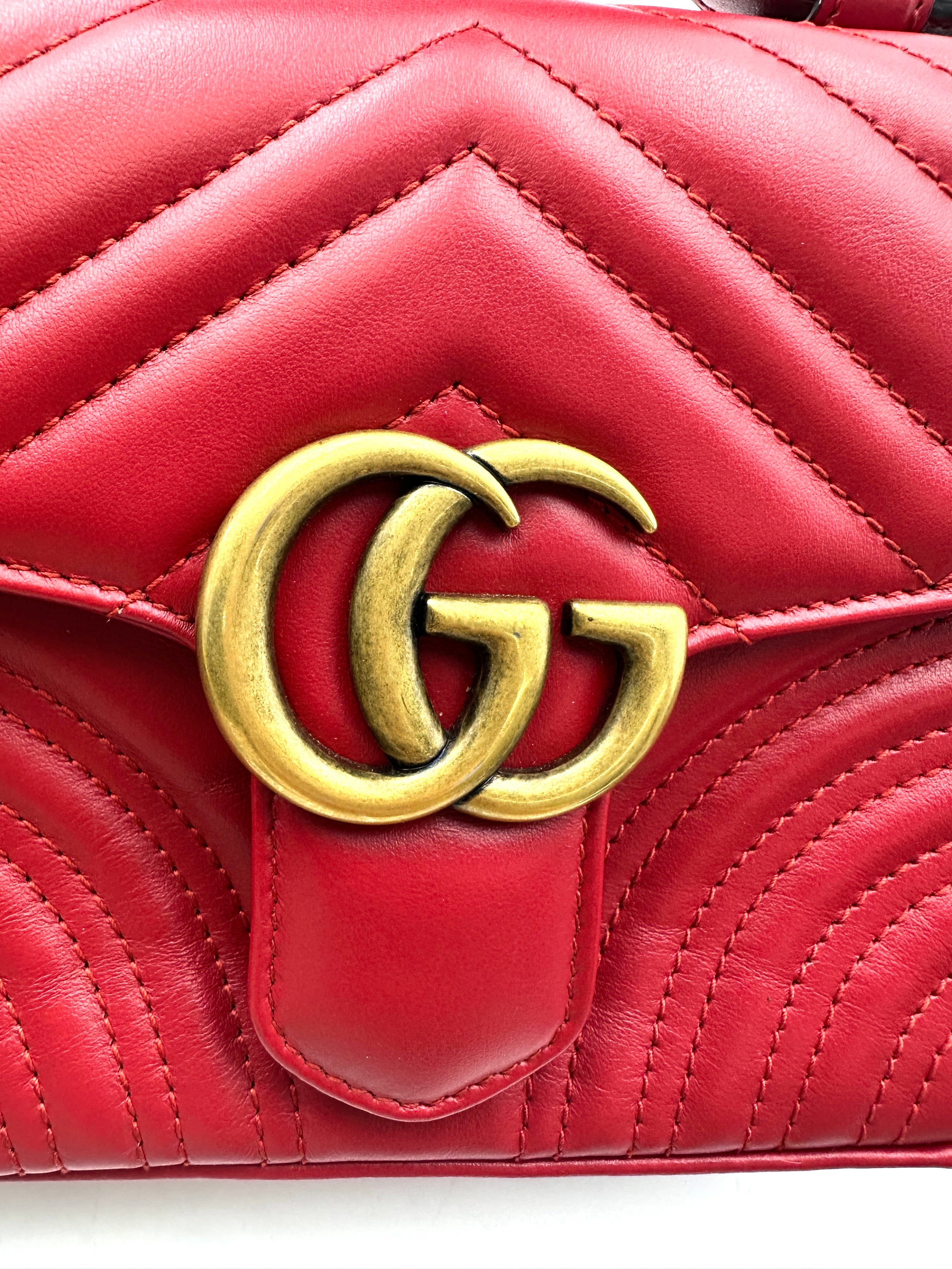 Gucci GG Marmont Red Matelasse Leather Top Handle Flap Bag GG927