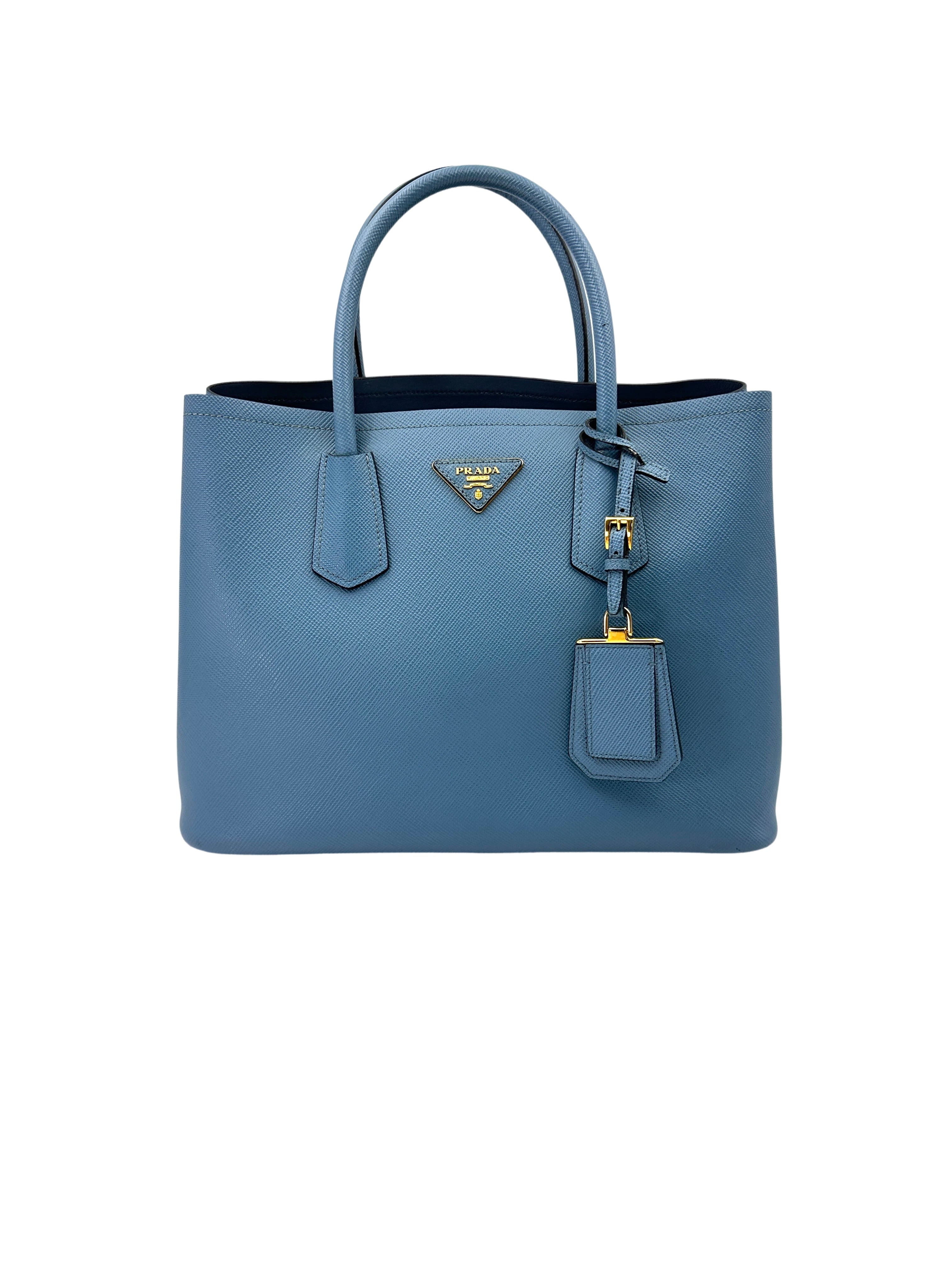 Prada Double Blue Saffiano Cuir Leather Handle Bag PR311