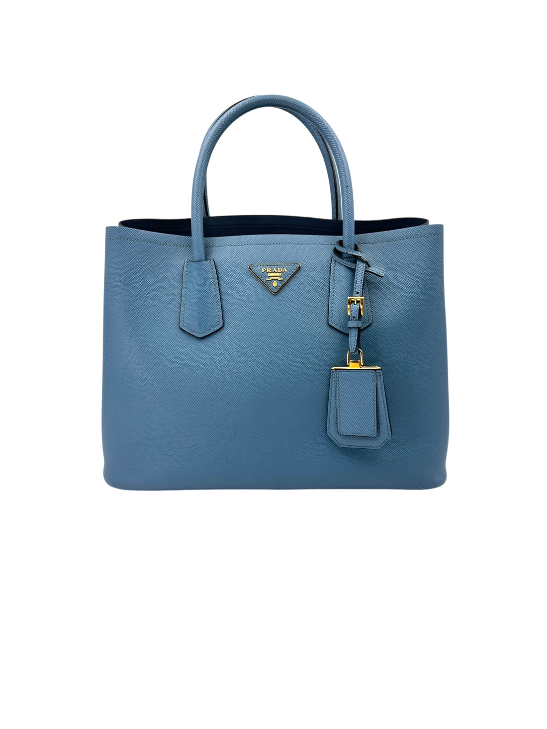 Prada Double Blue Saffiano Cuir Leather Handle Bag PR311