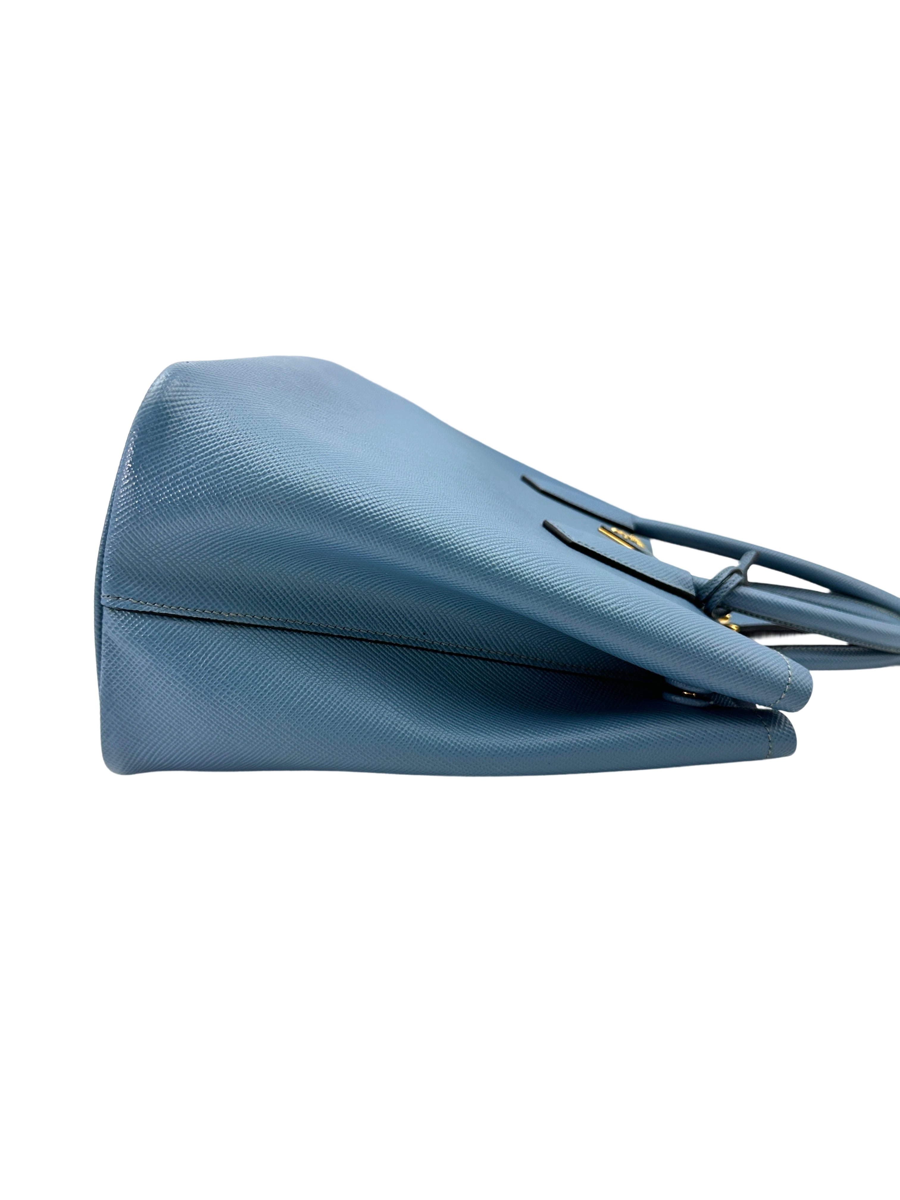 Prada Double Blue Saffiano Cuir Leather Handle Bag PR311