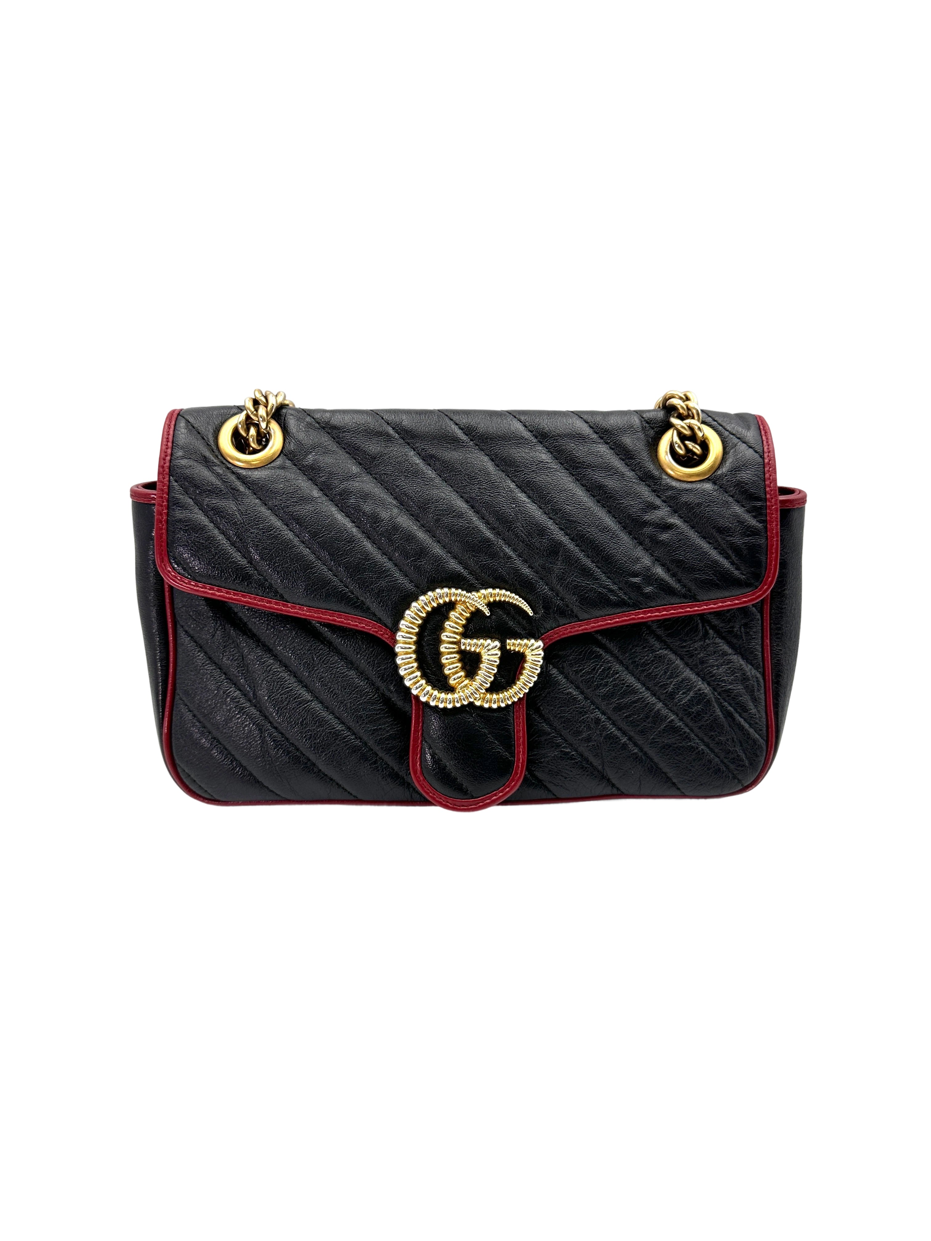 Gucci GG Marmont Black Leather Flap Bag With Red Trim GG930