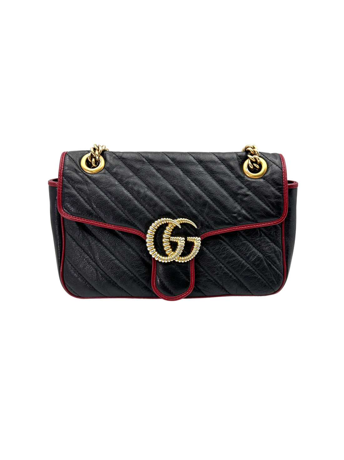 Gucci GG Marmont Black Leather Flap Bag With Red Trim GG930