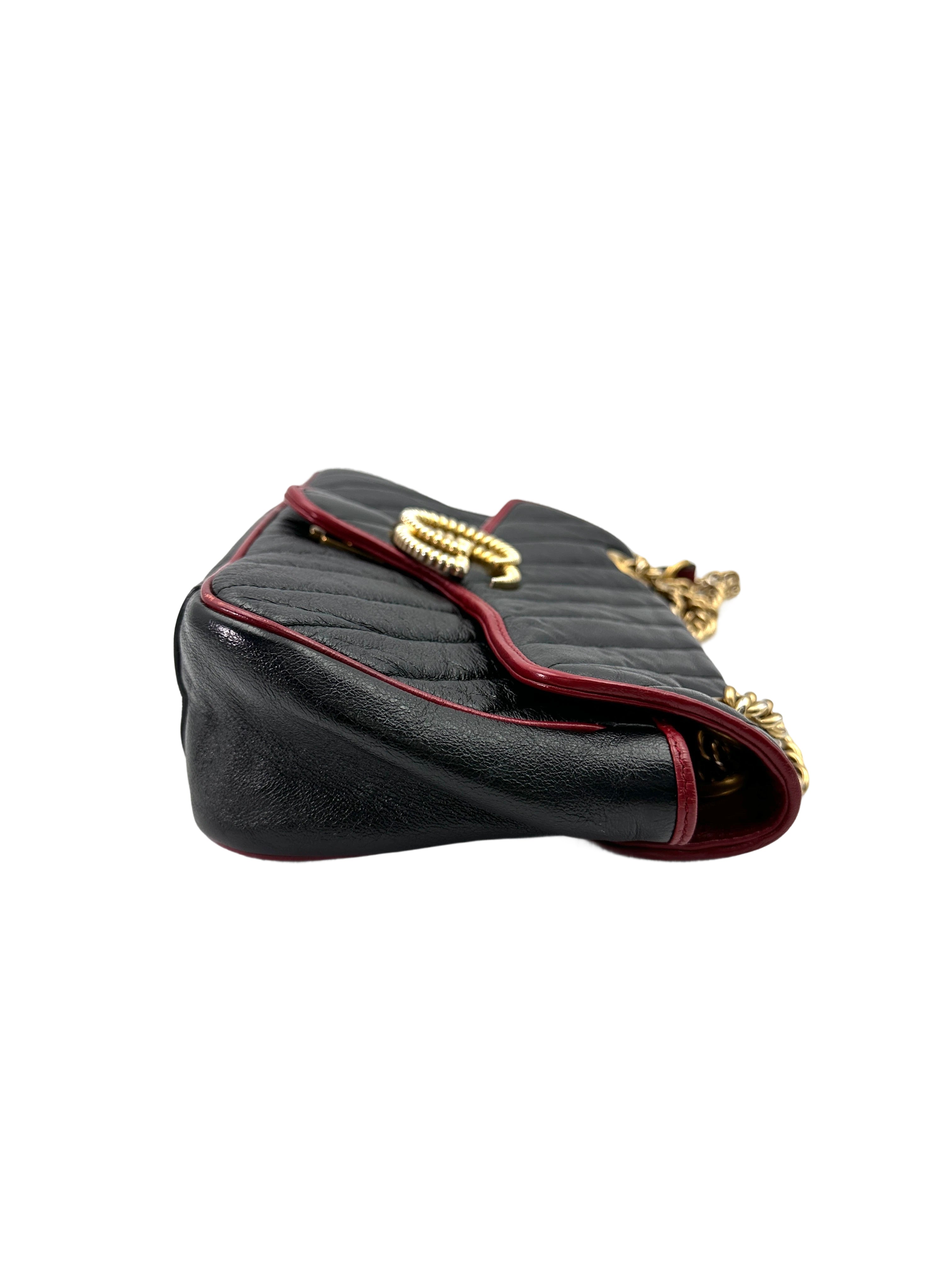 Gucci GG Marmont Black Leather Flap Bag With Red Trim GG930