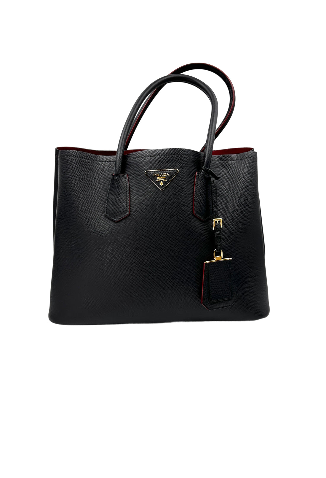 Prada Double Black Saffiano Cuir Leather Handle Bag PR312
