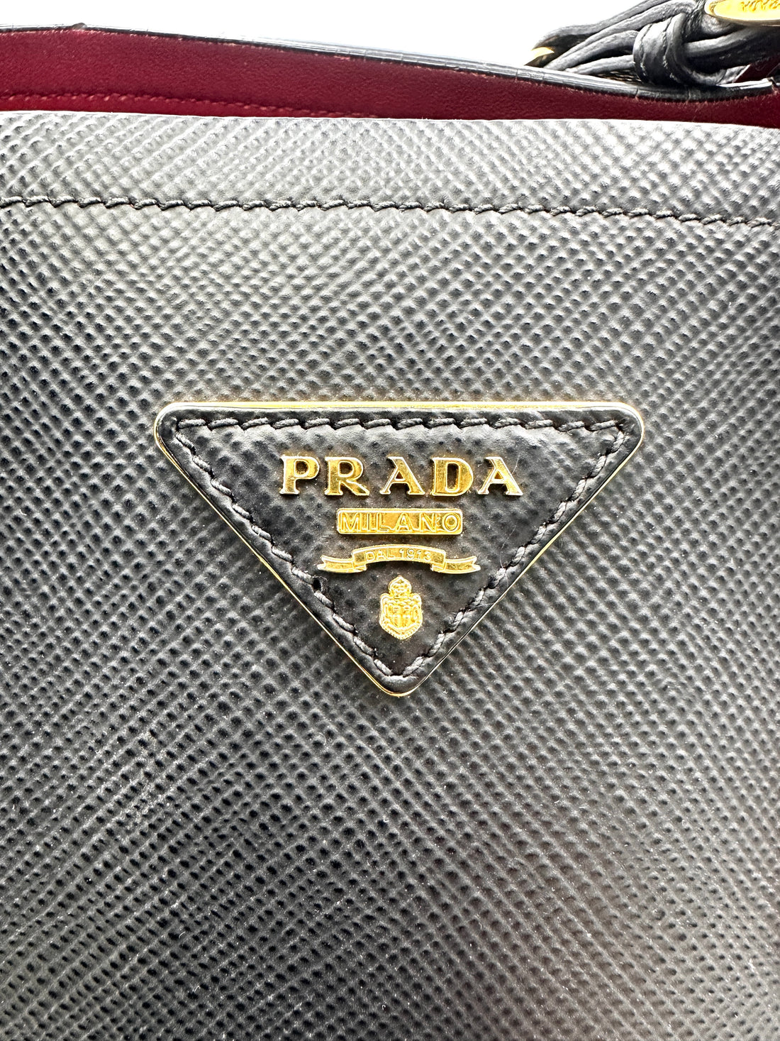 Prada Double Black Saffiano Cuir Leather Handle Bag PR312