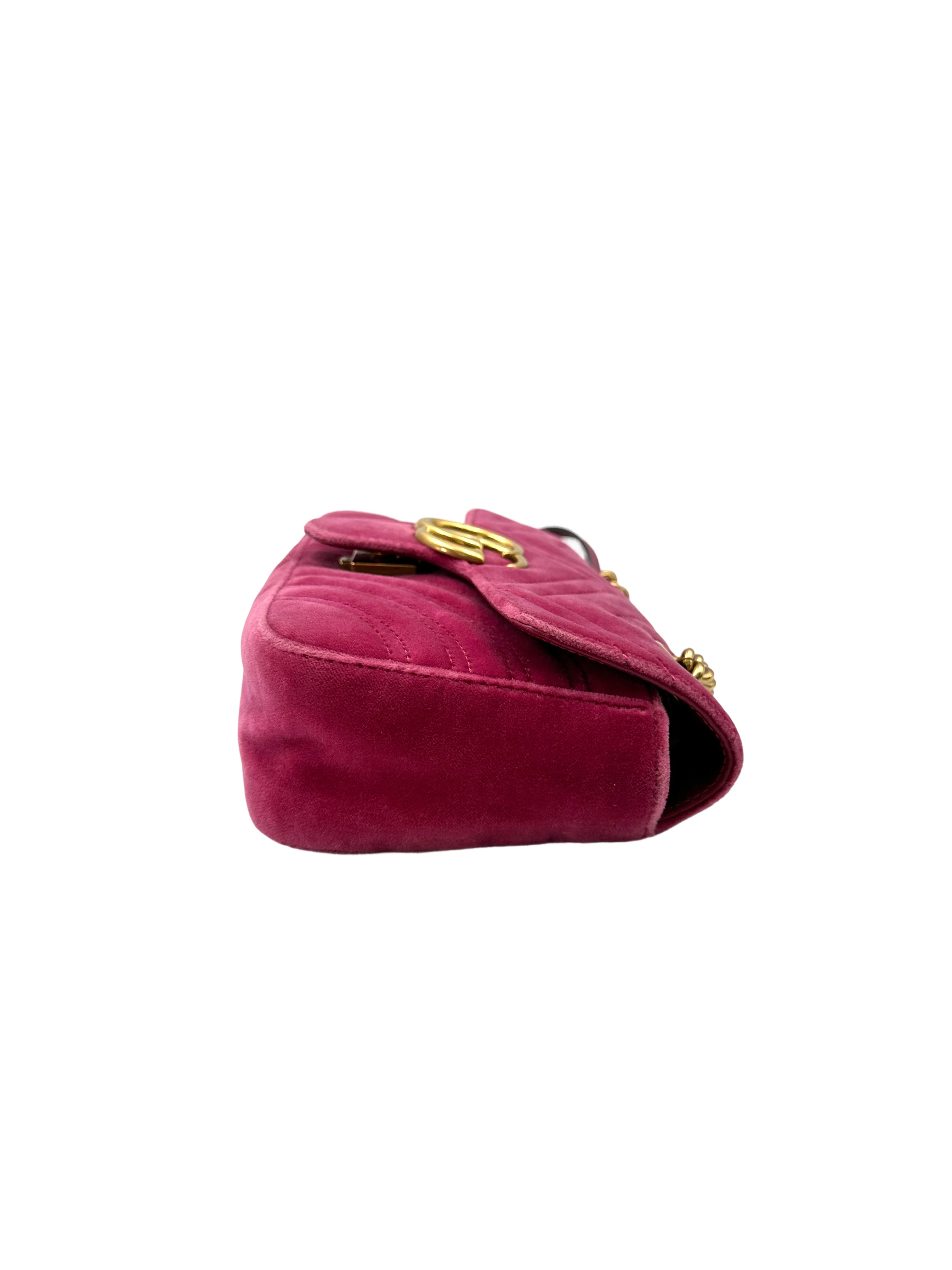 Gucci GG Marmont Pink Velvet Shoulder Bag With Gold Hardware GG932