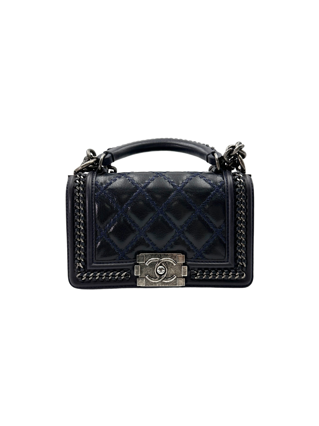 Chanel LeBoy Black Quilted Leather Top Handle Flap Bag With Silver Buckle(21***13) CC1910