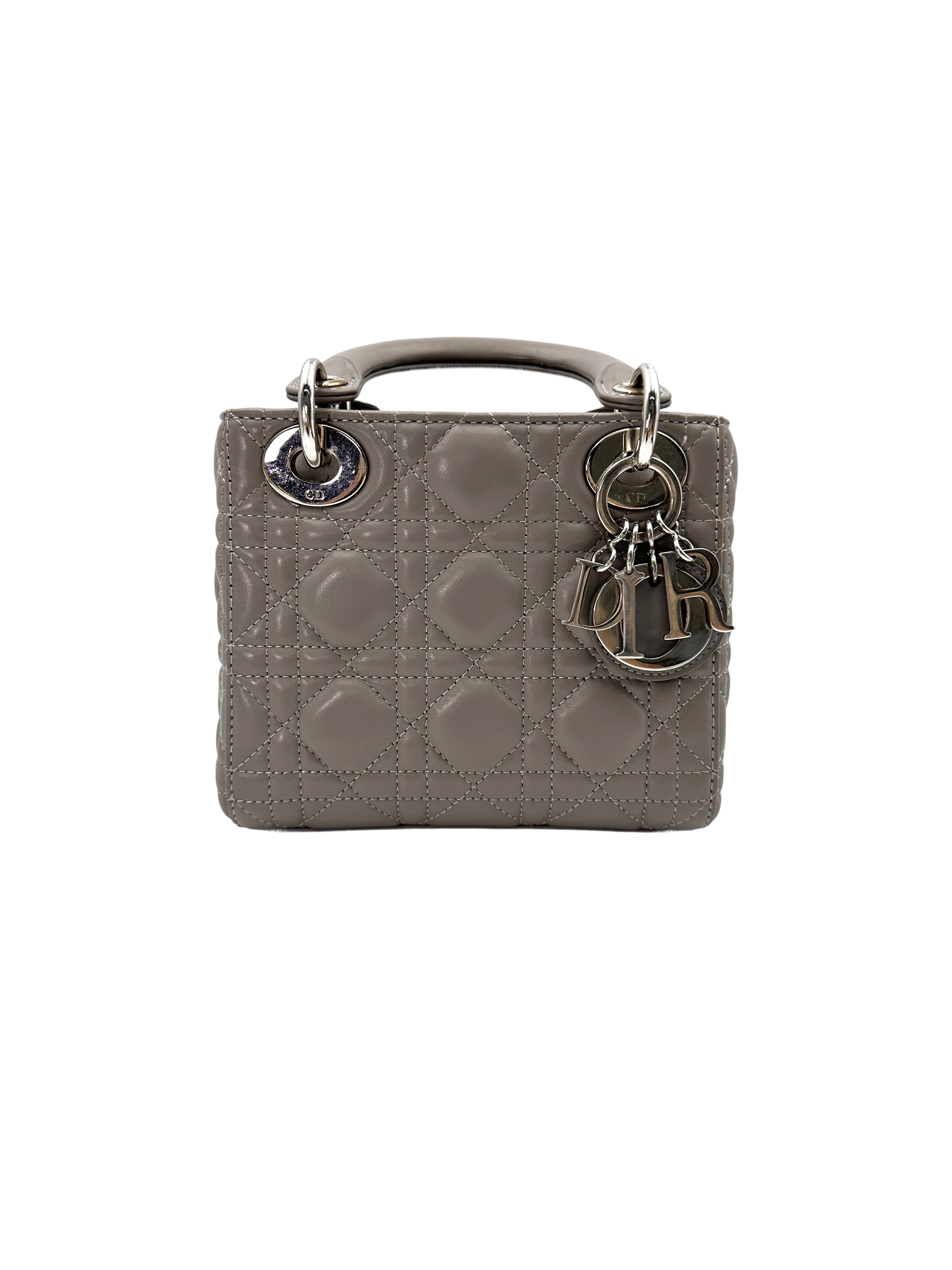 Christian Dior Lady Dior Grey Cannage Lambskin Handle Bag With Silver Buckle DR721