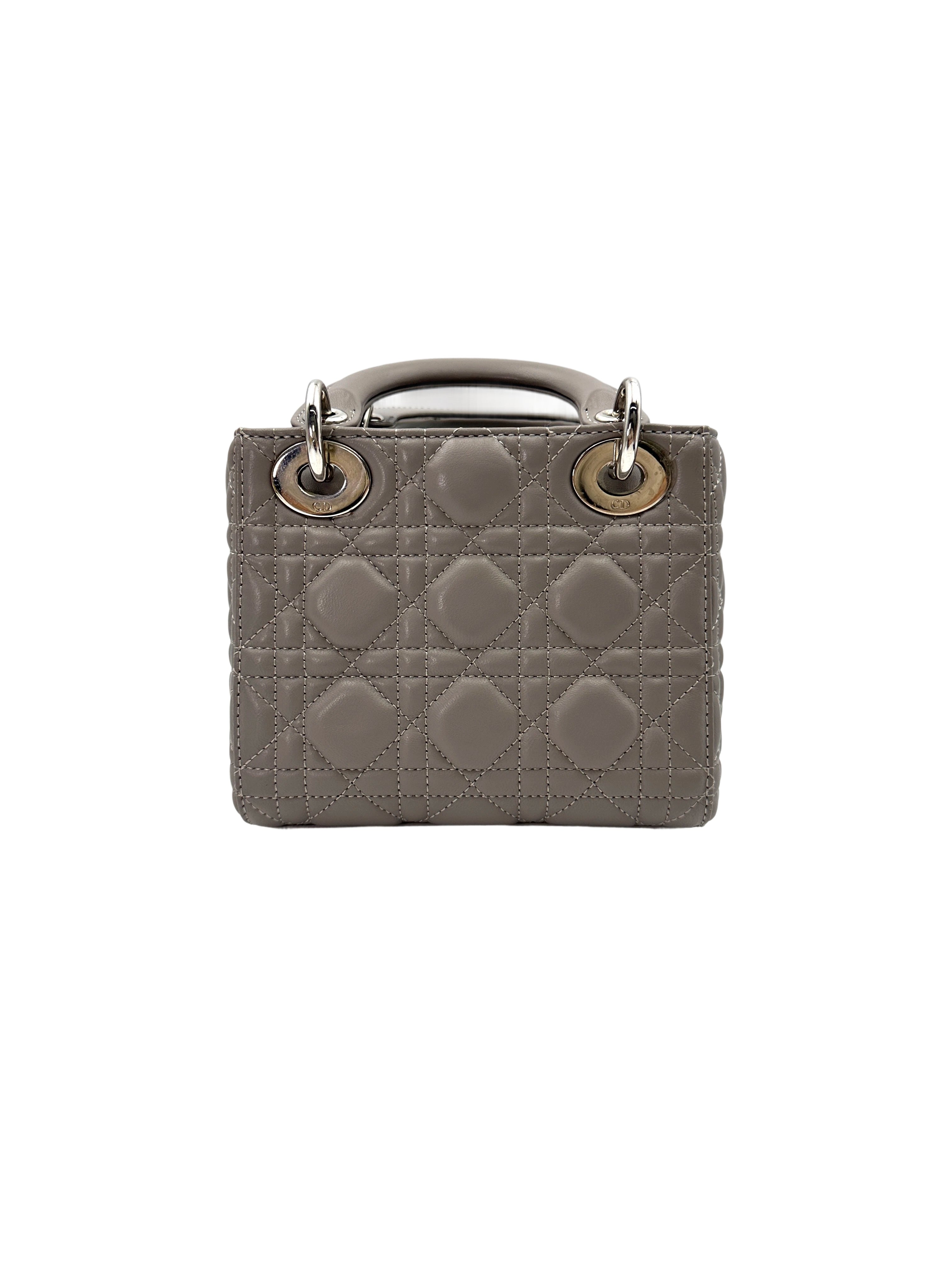 Christian Dior Lady Dior Grey Cannage Lambskin Handle Bag With Silver Buckle DR721