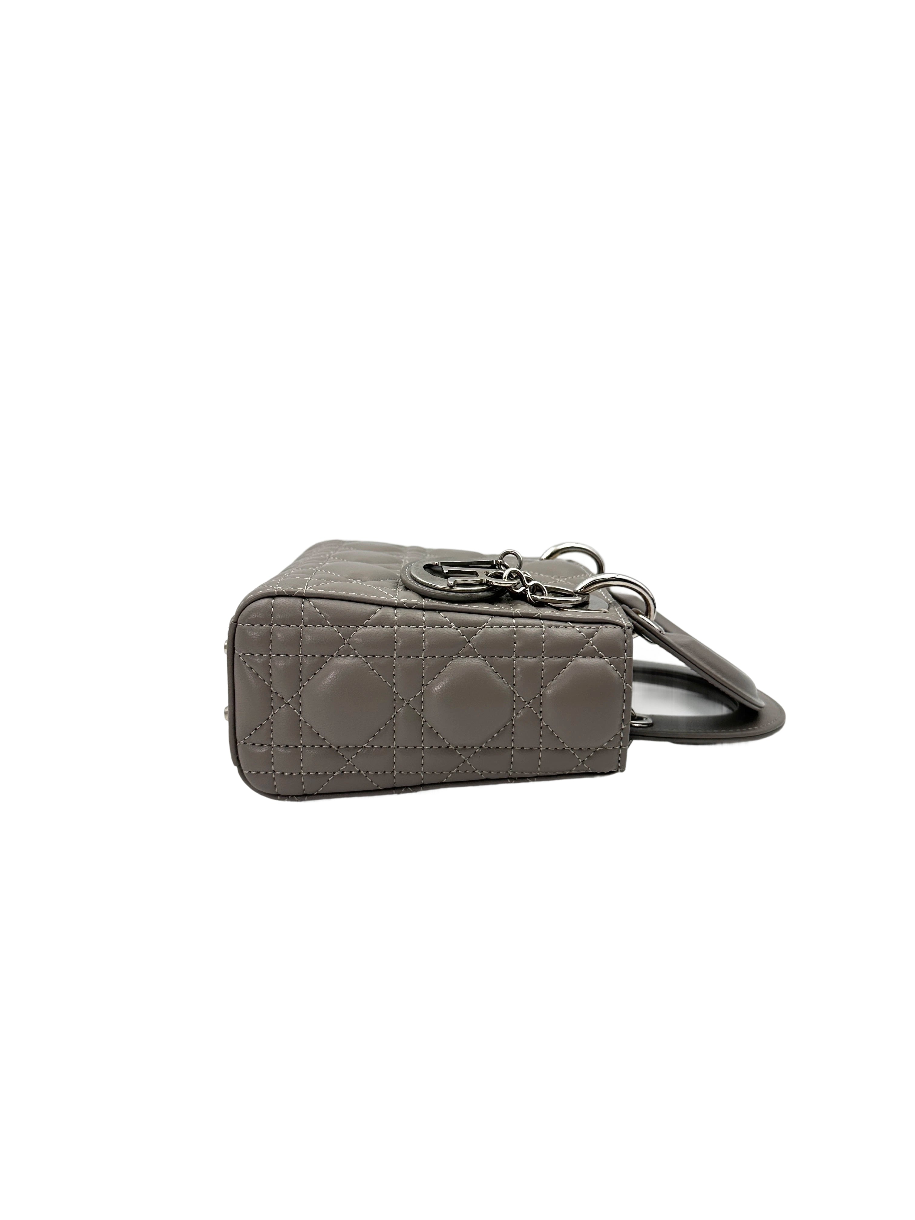 Christian Dior Lady Dior Grey Cannage Lambskin Handle Bag With Silver Buckle DR721
