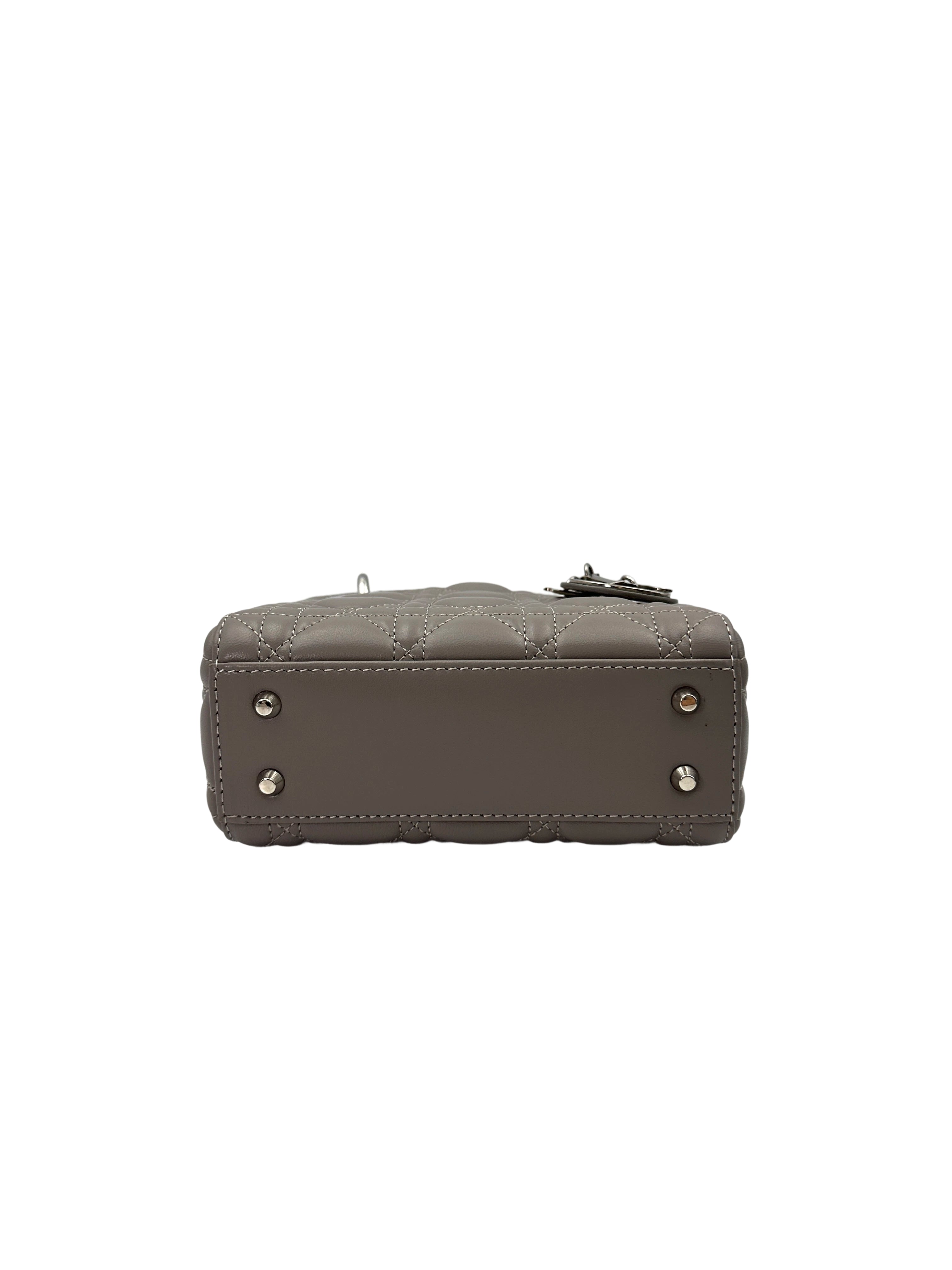 Christian Dior Lady Dior Grey Cannage Lambskin Handle Bag With Silver Buckle DR721