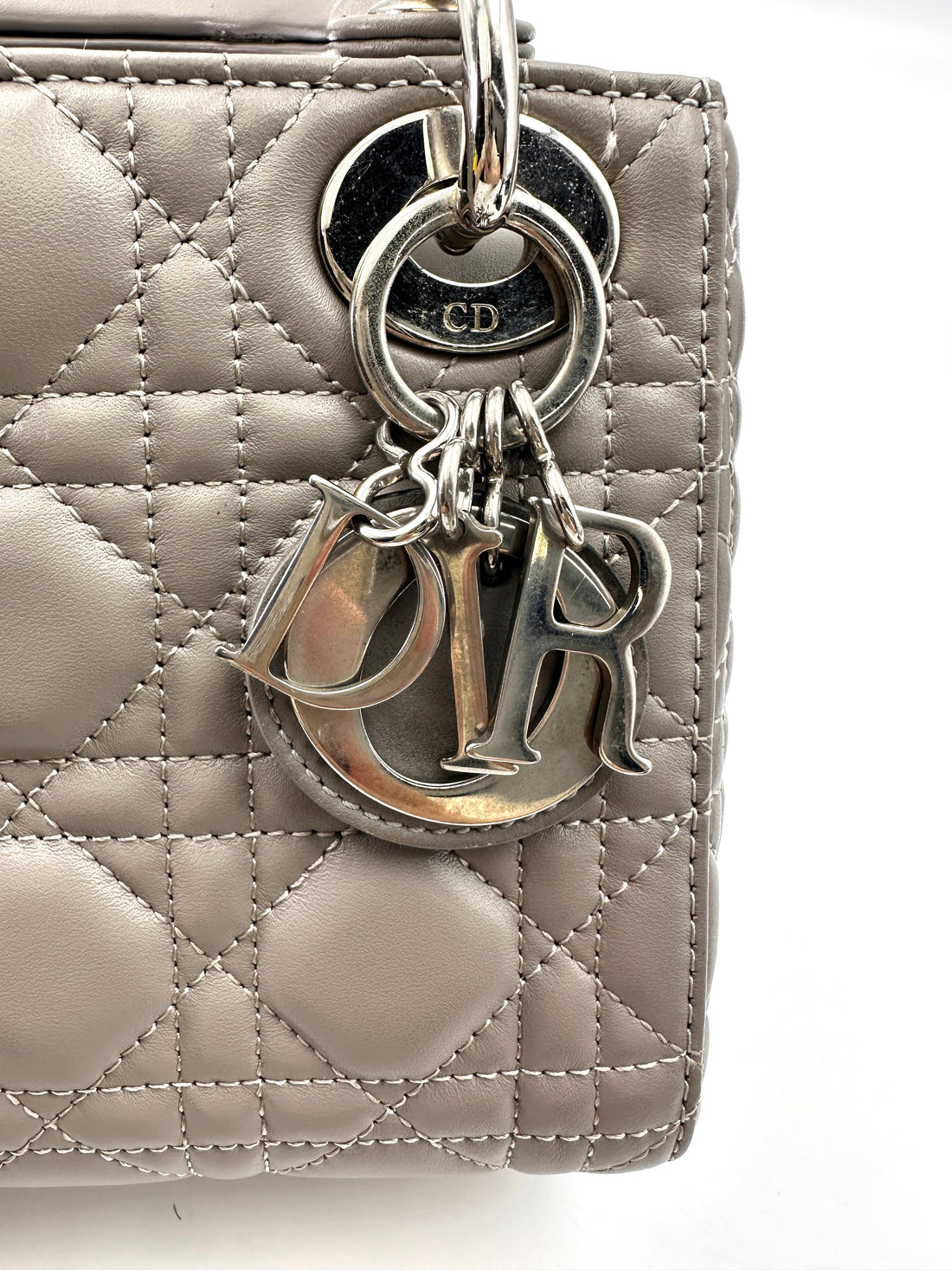 Christian Dior Lady Dior Grey Cannage Lambskin Handle Bag With Silver Buckle DR721