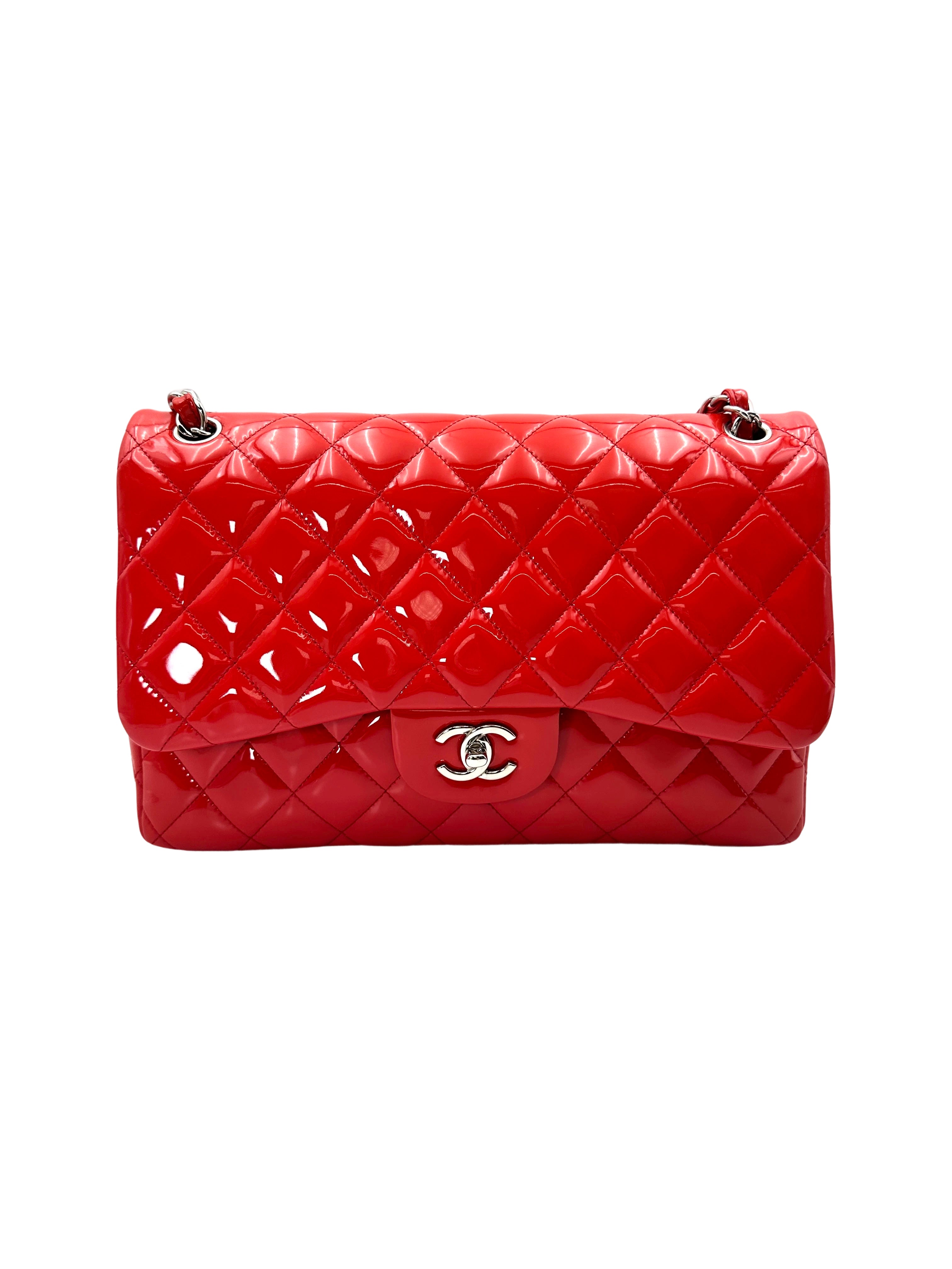 Chanel Classic Flap Red Quilted Patent Leather Shoulder Bag With Silver Buckle(21***38) CC1908