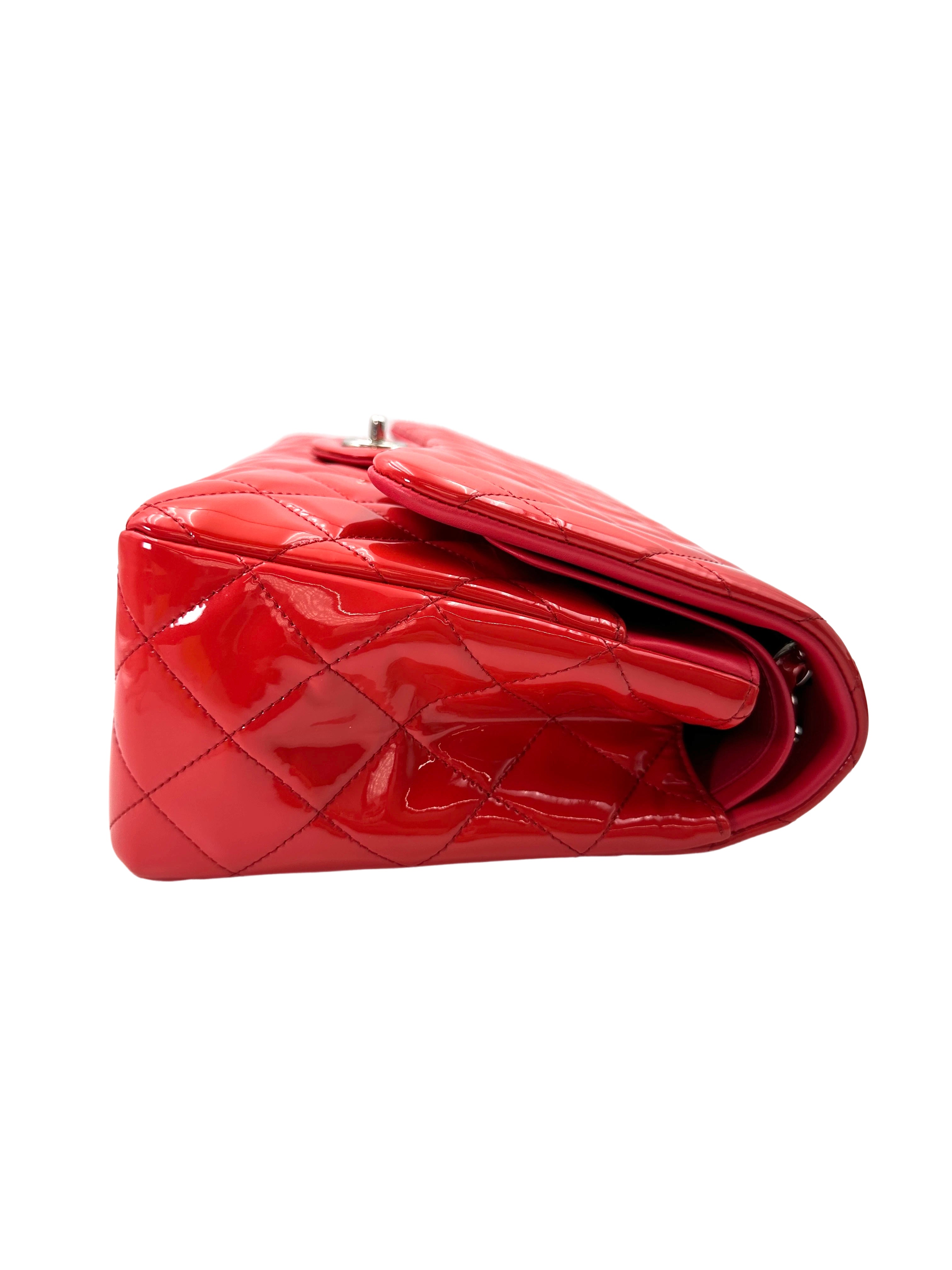 Chanel Classic Flap Red Quilted Patent Leather Shoulder Bag With Silver Buckle(21***38) CC1908