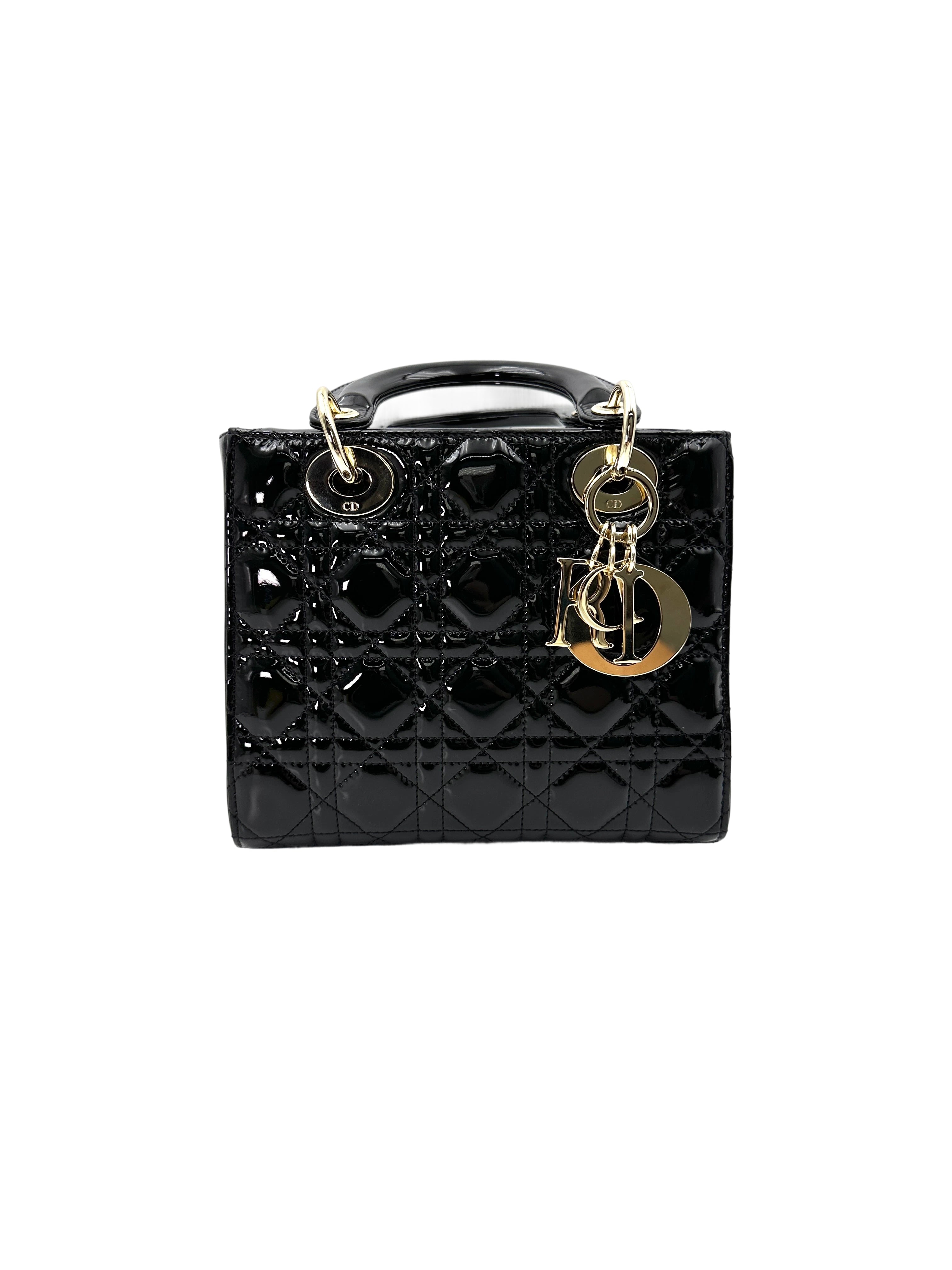 Christian Dior Lady Dior Black Cannage Patent Leather Handle Bag With Gold Charms DR722