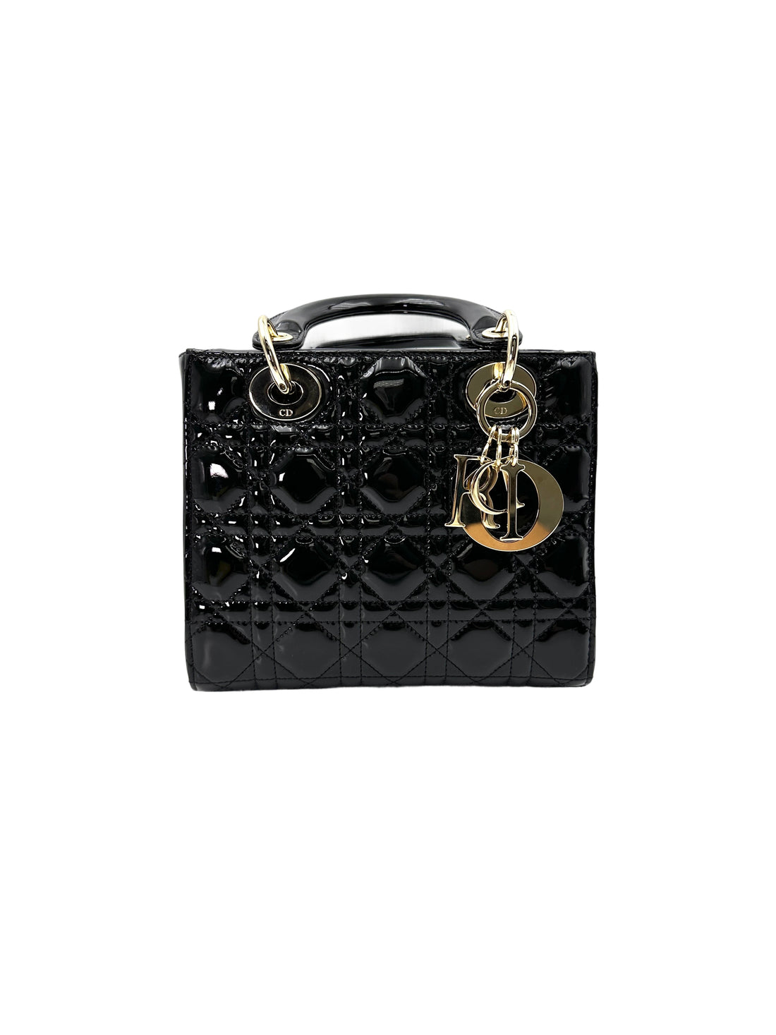 Christian Dior Lady Dior Black Cannage Patent Leather Handle Bag With Gold Charms DR722