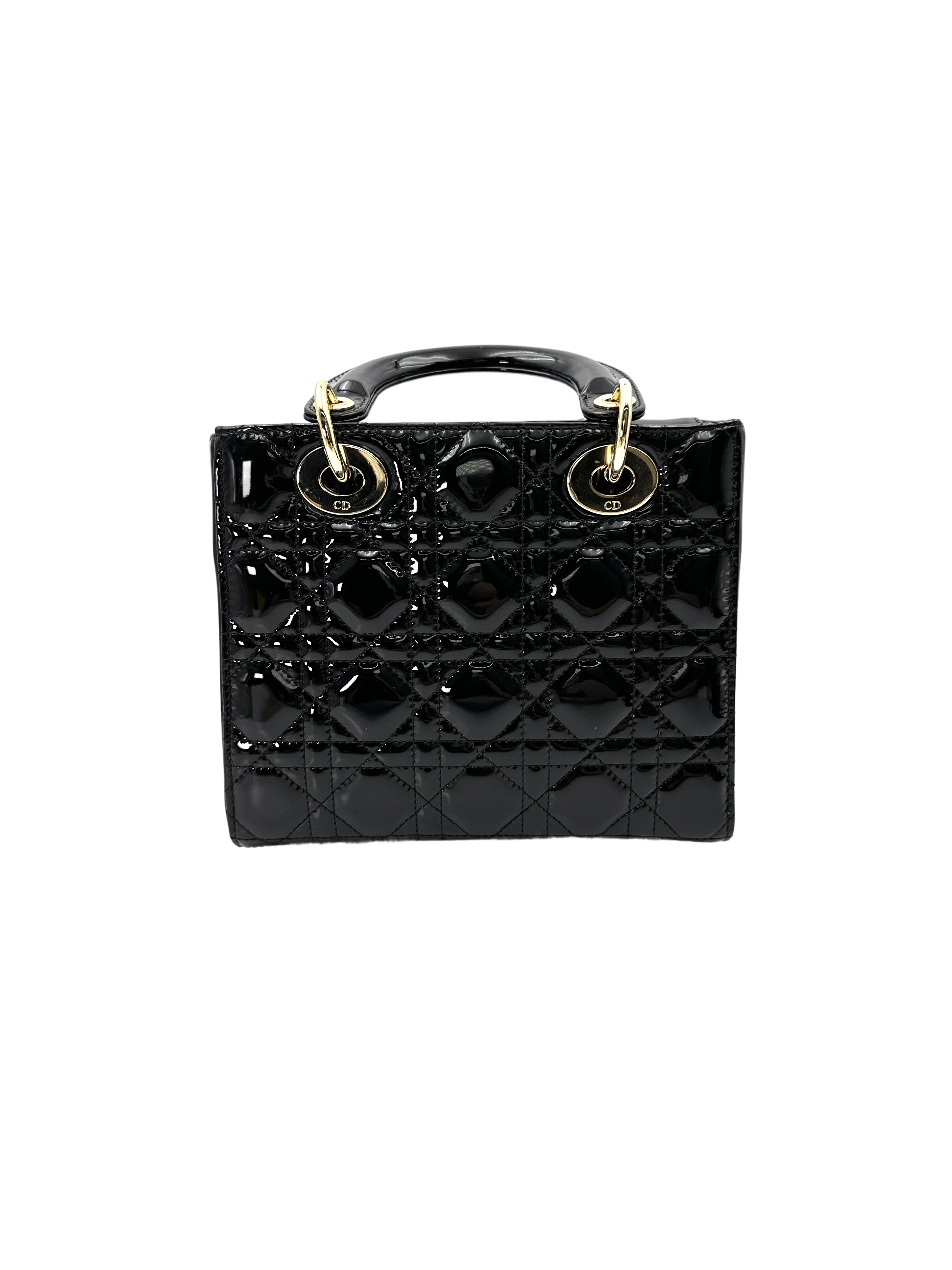 Christian Dior Lady Dior Black Cannage Patent Leather Handle Bag With Gold Charms DR722