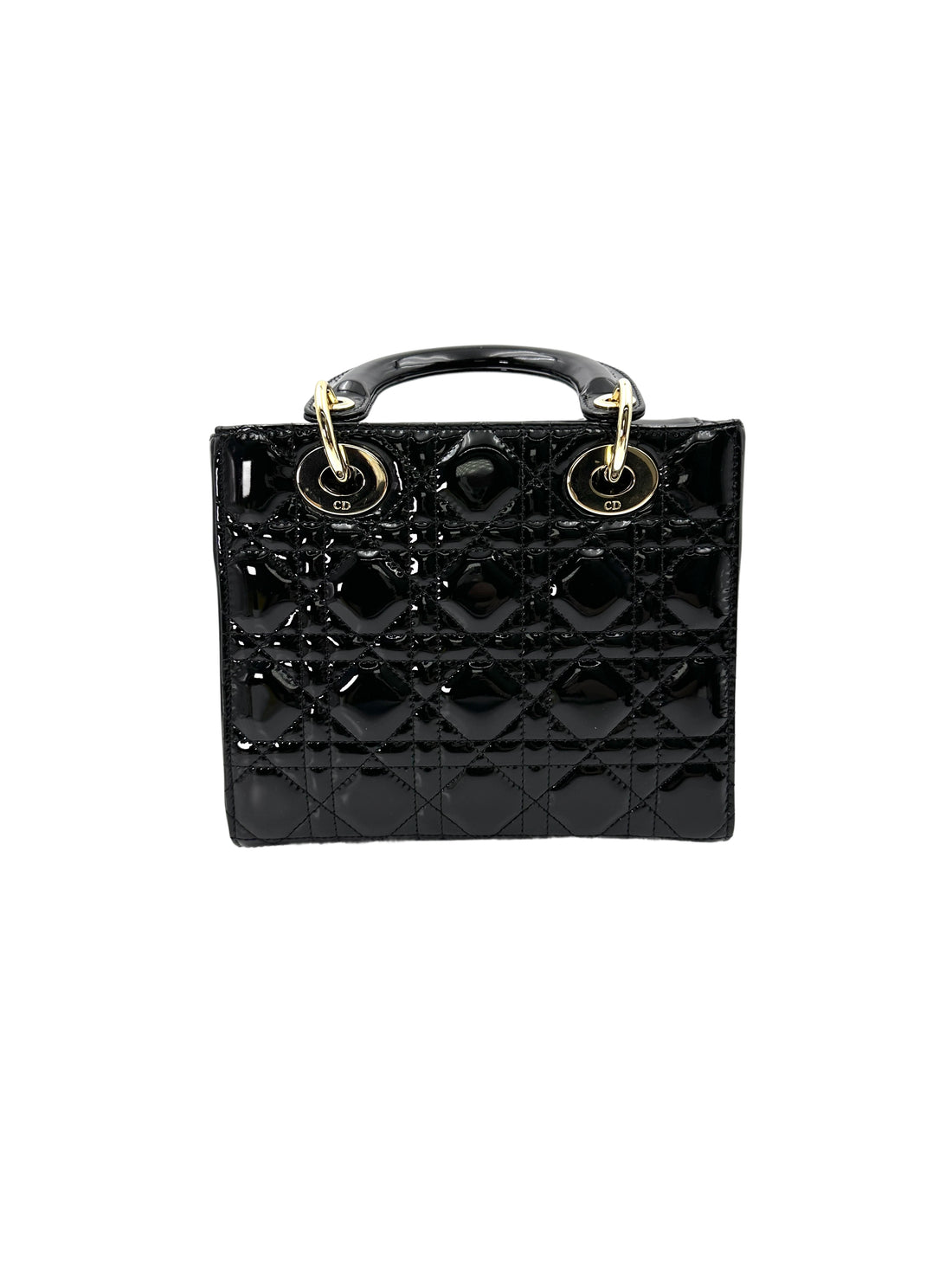 Christian Dior Lady Dior Black Cannage Patent Leather Handle Bag With Gold Charms DR722