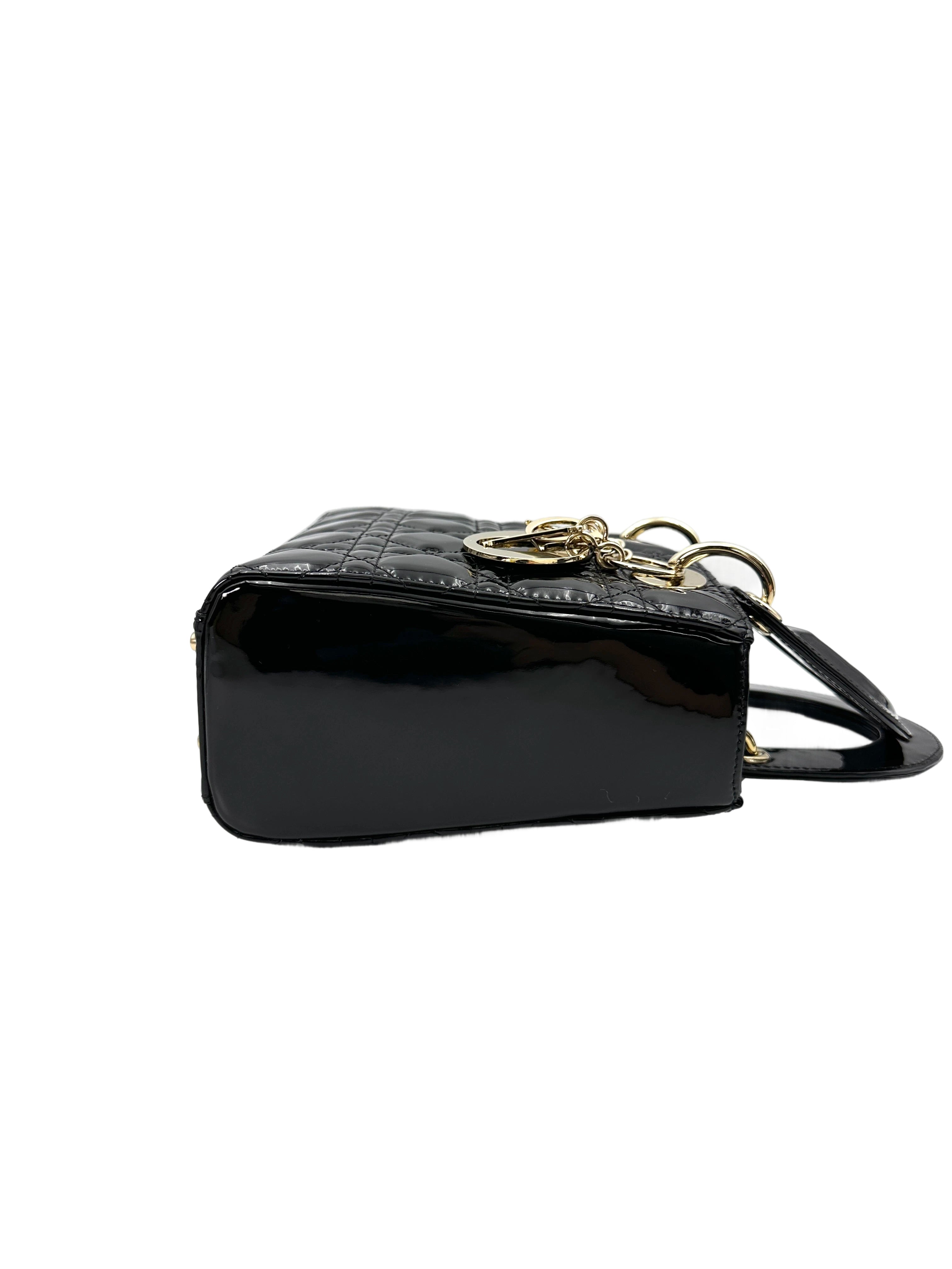 Christian Dior Lady Dior Black Cannage Patent Leather Handle Bag With Gold Charms DR722